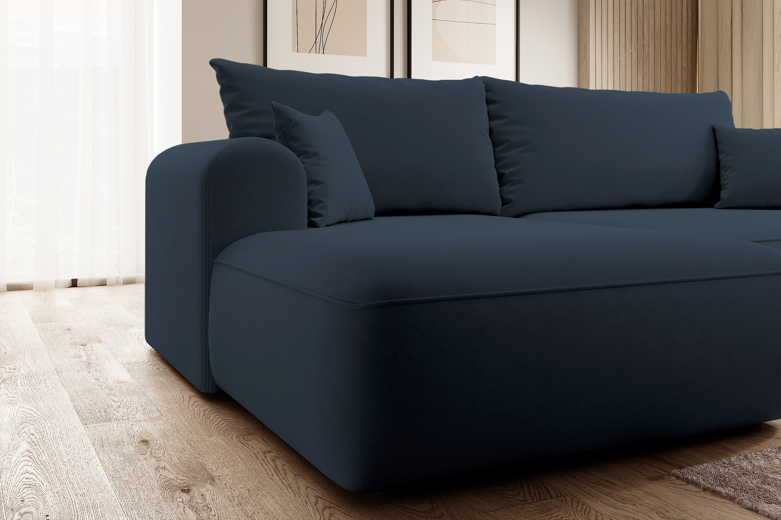 Canapé d'angle convertible Ovo en L velours bleu marine avec bac en tissu facile à nettoyer, côté gauche