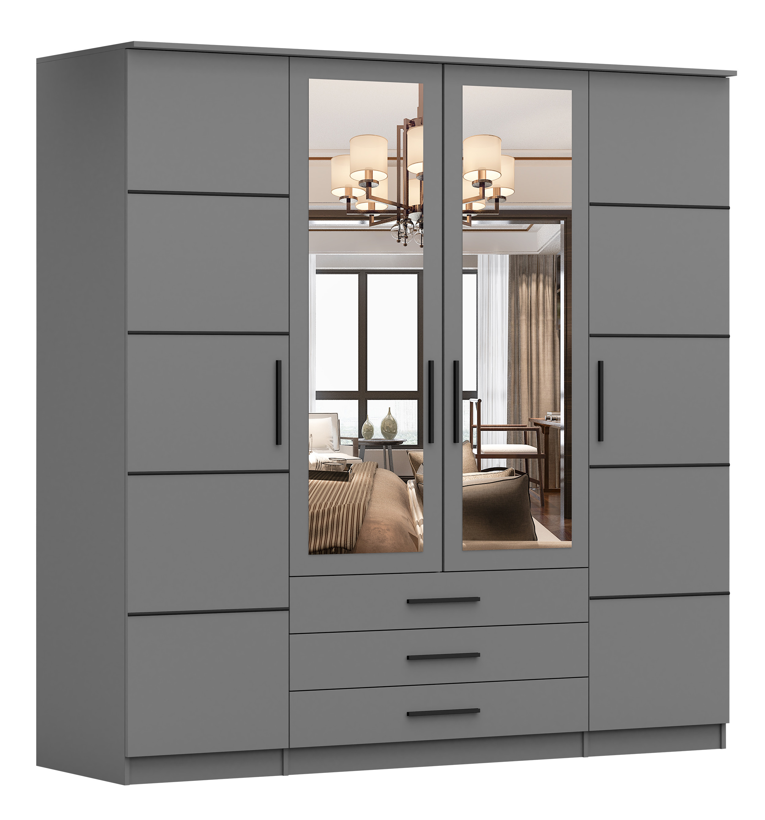 Szafa czterodrzwiowa Gracies 200 cm z lustrami i szufladami szara - zdjęcie 1