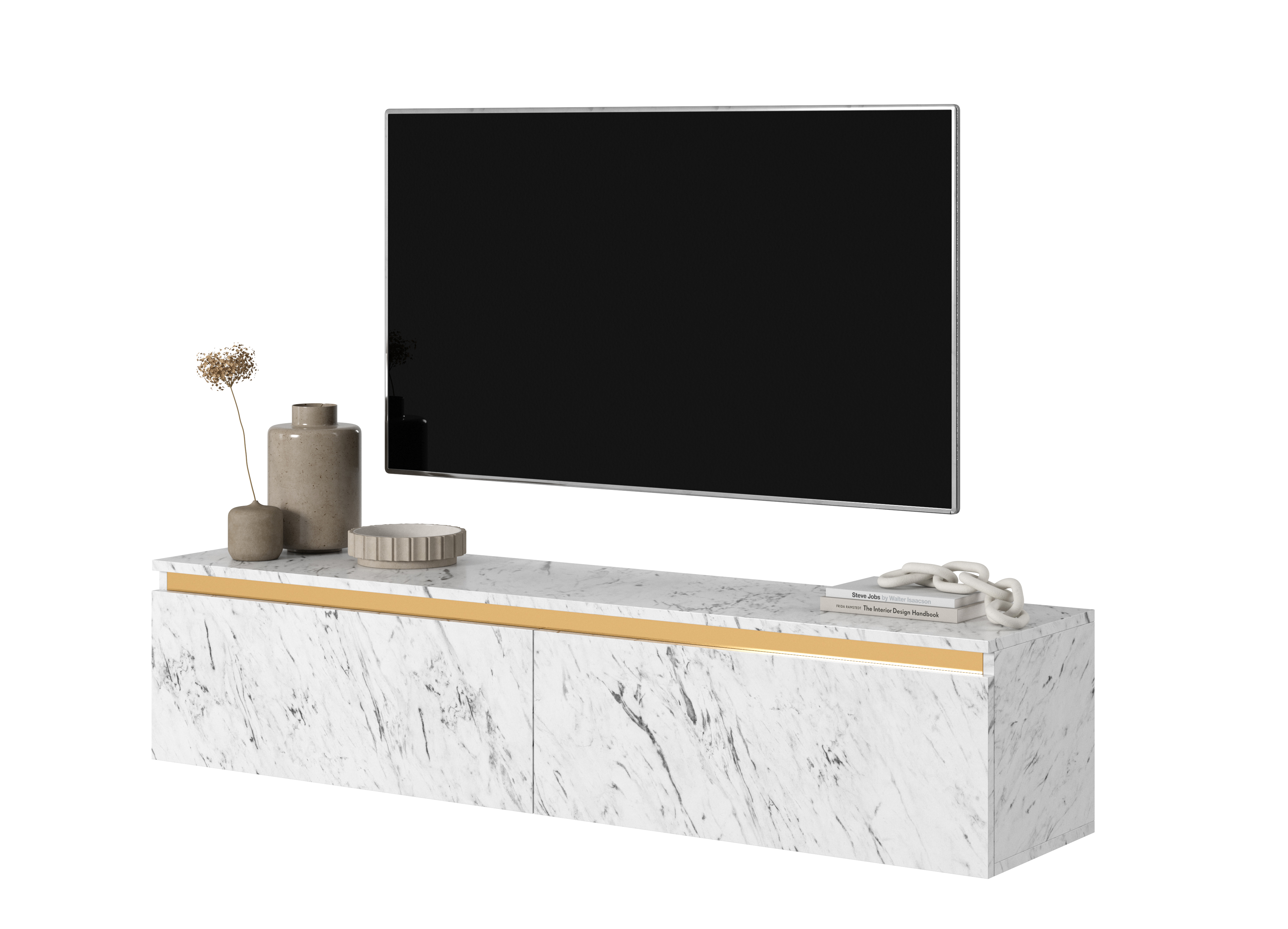 Szafka RTV Seney 140 cm Marmur Egger biały ze złotą listwą - zdjęcie 1