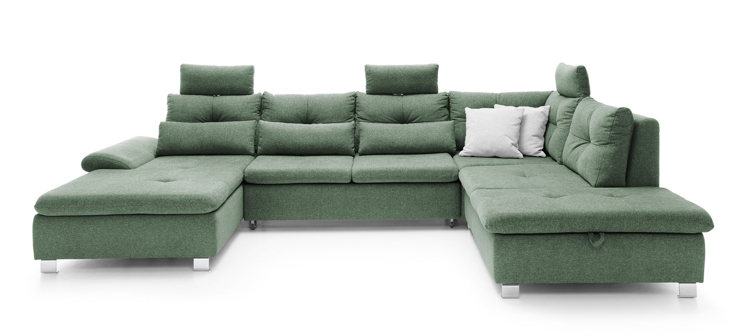 Narożnik z funkcją spania Josella U z pojemnikiem zielony w tkaninie hydrofobowej plecionka lewostronny - zdjęcie 1