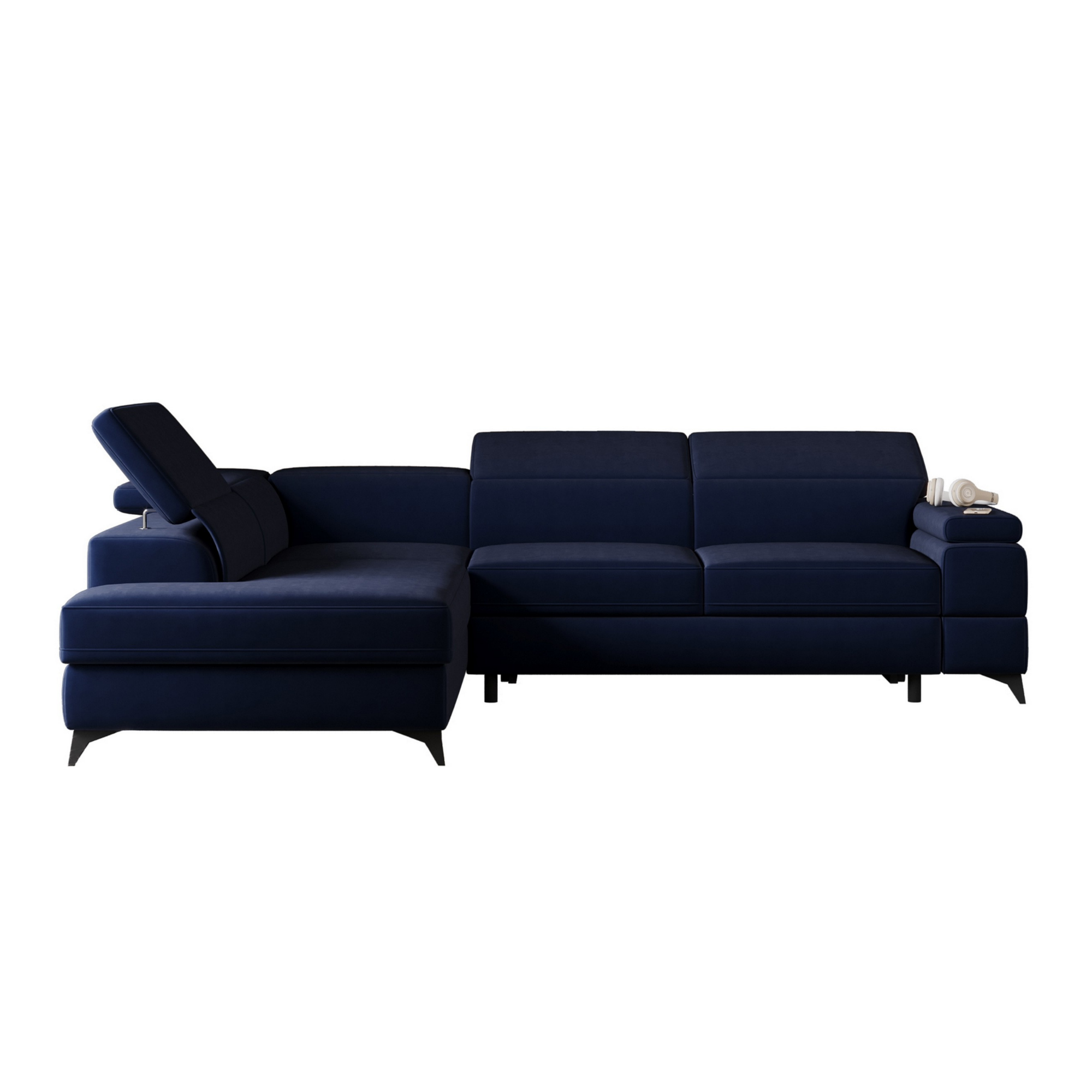 Narożnik rozkładany Fossanova L-kształtny z pojemnikiem lewostronny granatowy welur hydrofobowy