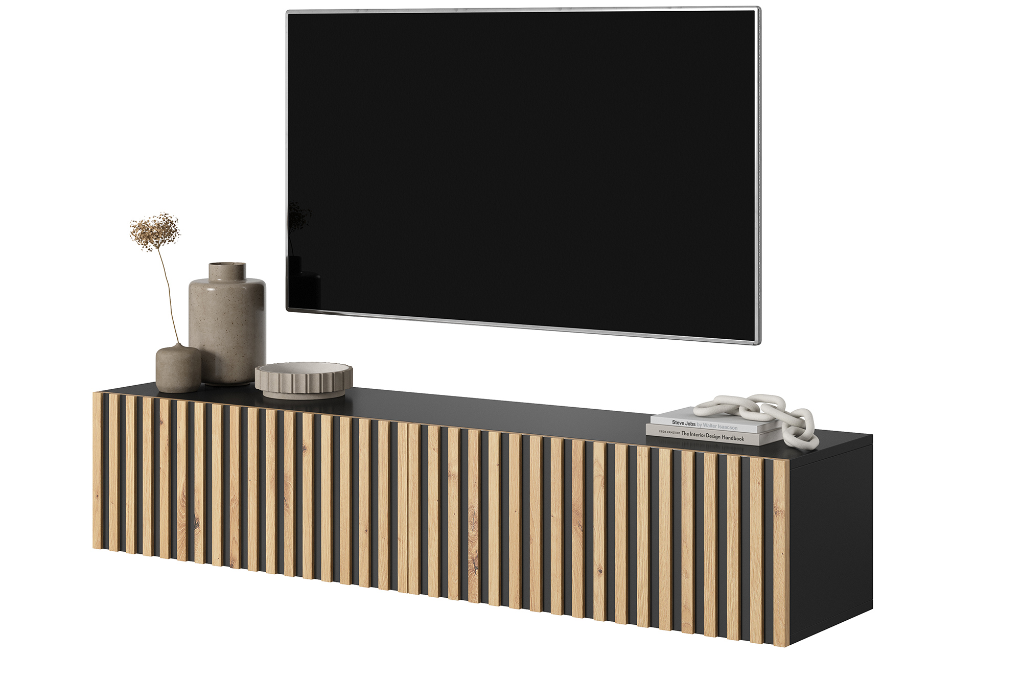 Szafka RTV Telire 140 cm czarna z lamelowym frontem dąb artisan