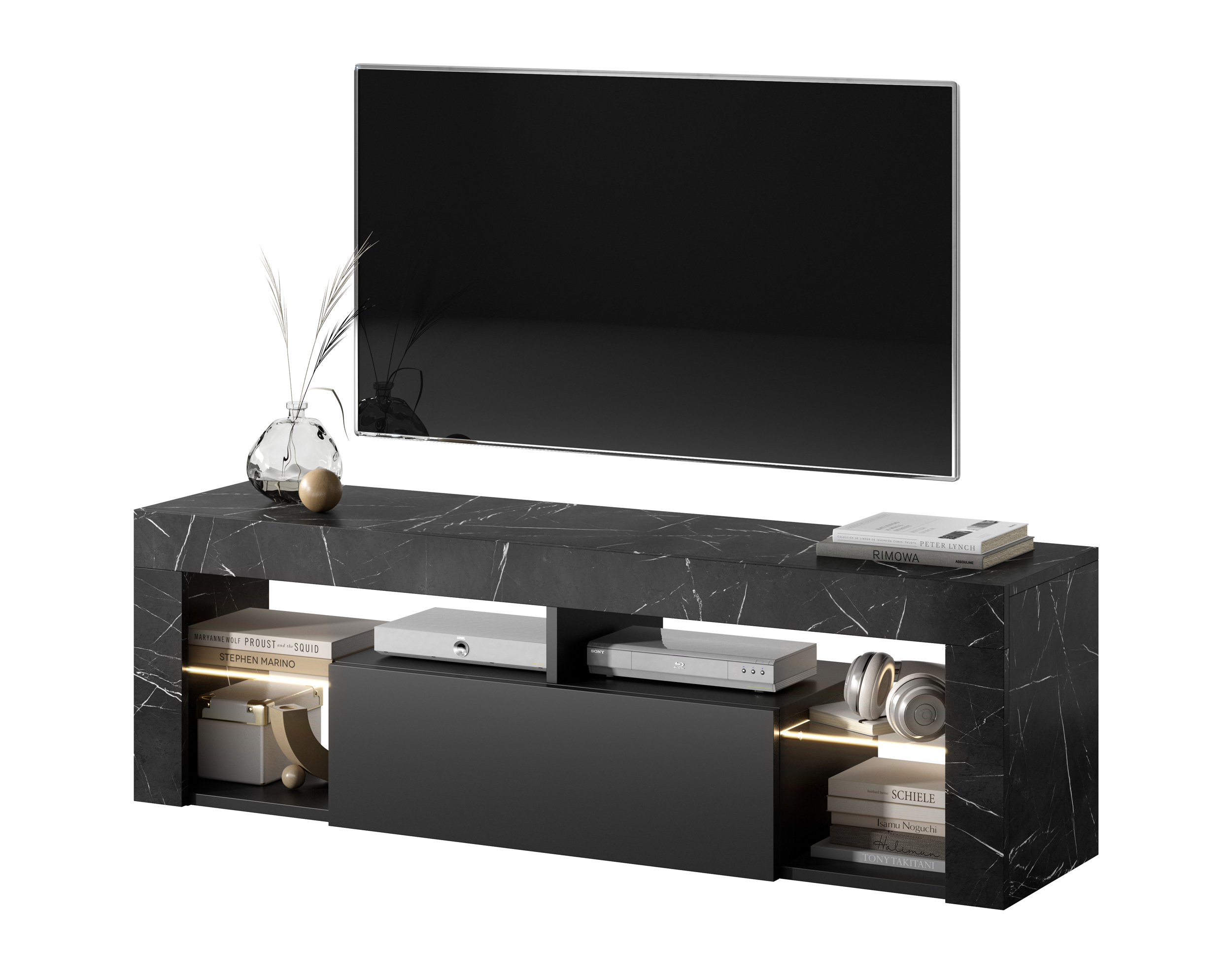 Szafka RTV Bianko 140 cm marmur czarny/czarny front