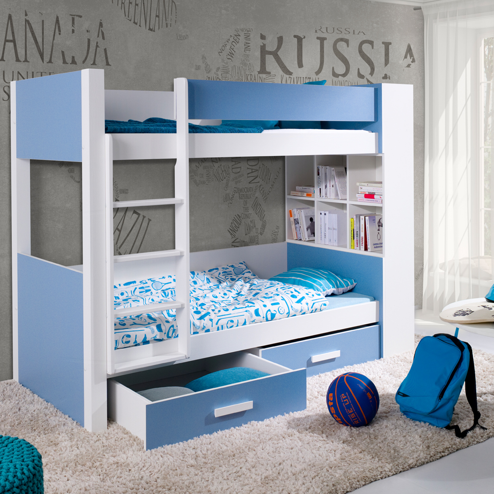 Łóżko piętrowe z dwoma posłaniami Caravez dwie szuflady i regał biało-niebieskie - zdjęcie 1