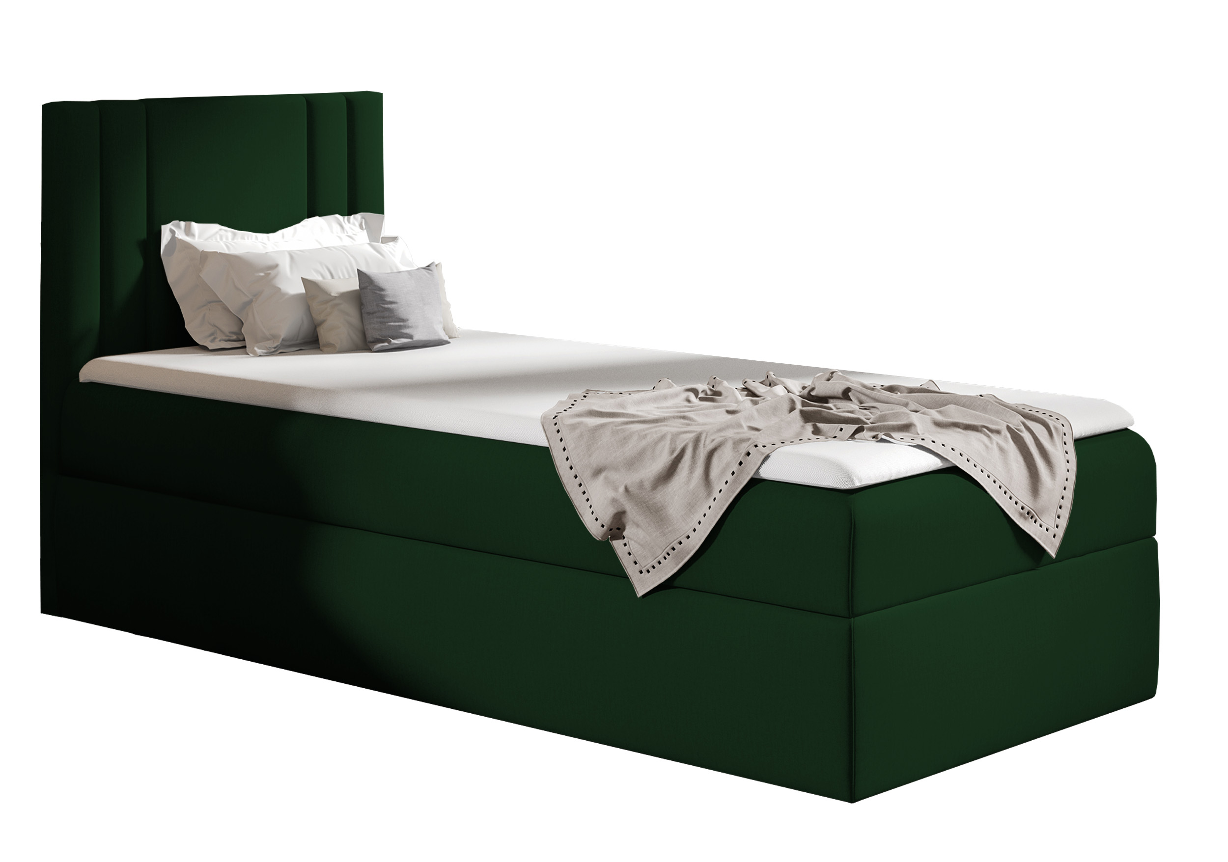 Łóżko kontynentalne jednosobowe Dulmo Mini 80x200 cm z pojemnikiem i topperem zielone hydrofobowe lewostronne - zdjęcie 1