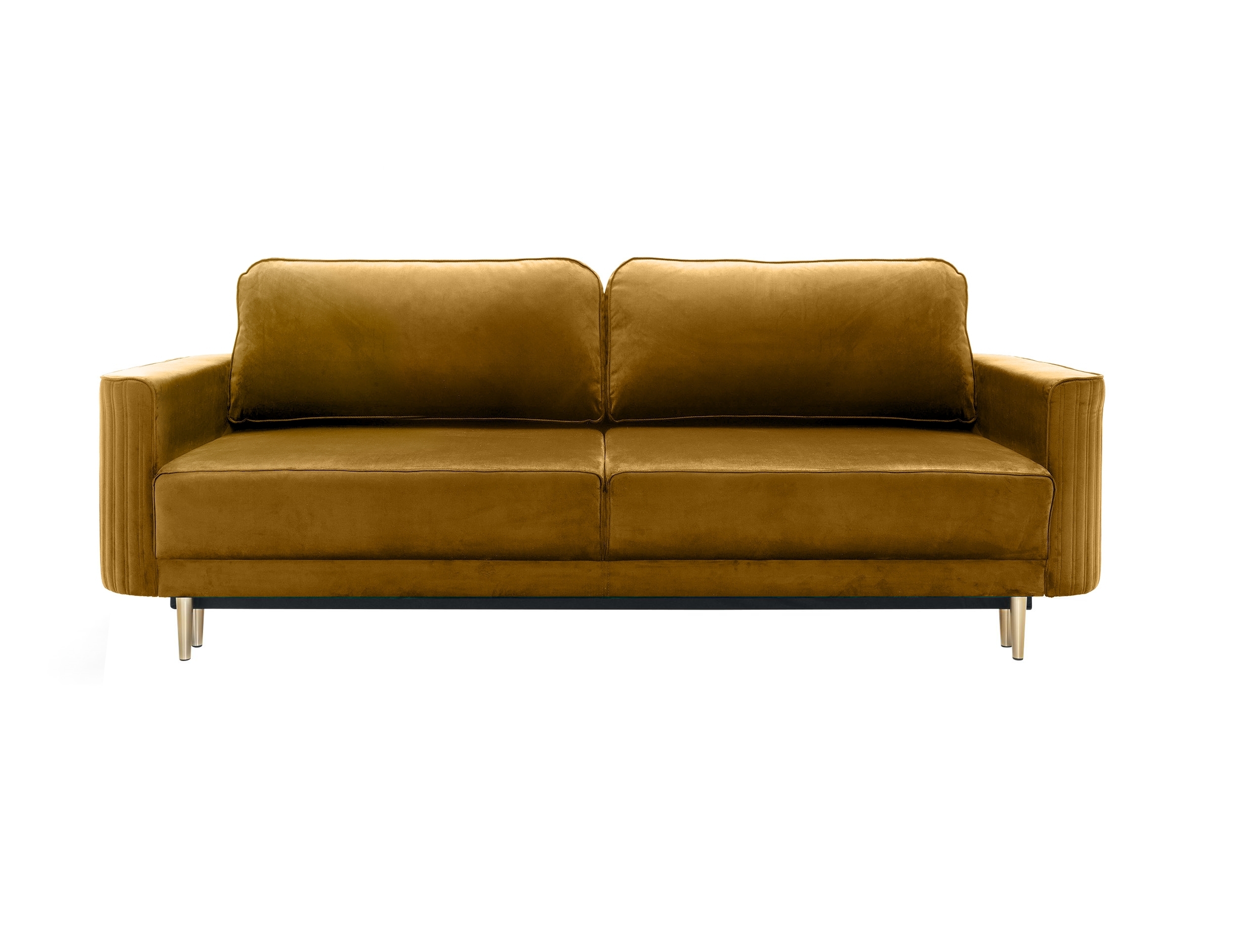 Kanapa rozkładana trzyosobowa Terenzo z pojemnikiem na złotych nogach musztardowa - zdjęcie 1