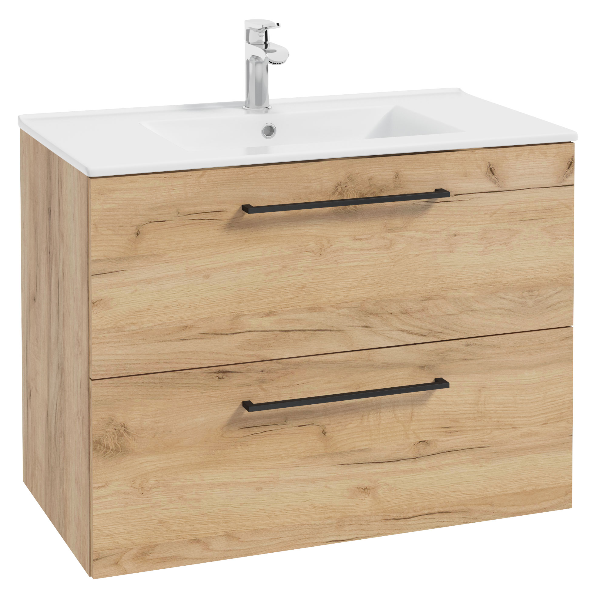 Szafka z umywalką Modullac 80 cm dąb craft złoty z dwiema szufladami i czarnym uchwytem - zdjęcie 1