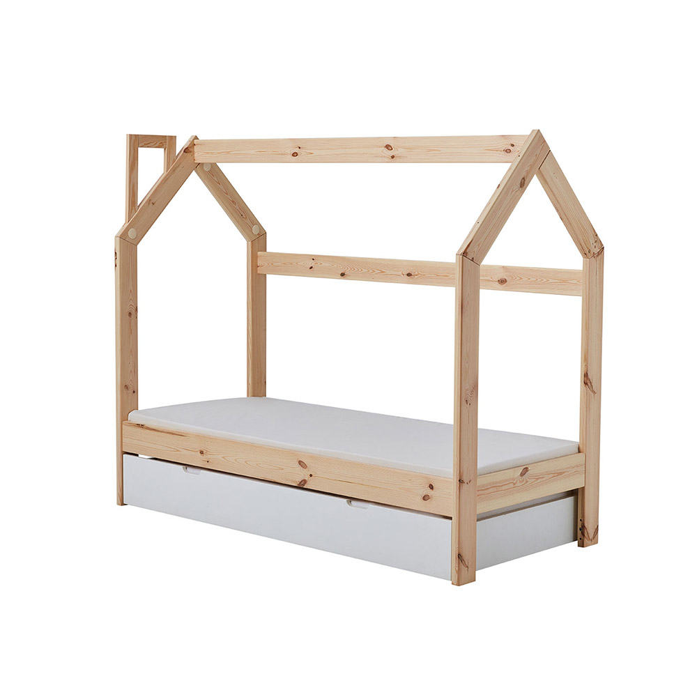 Łóżko domek dla dzieci Hussie z barierką, szufladą i materacem 70x160 cm - zdjęcie 1