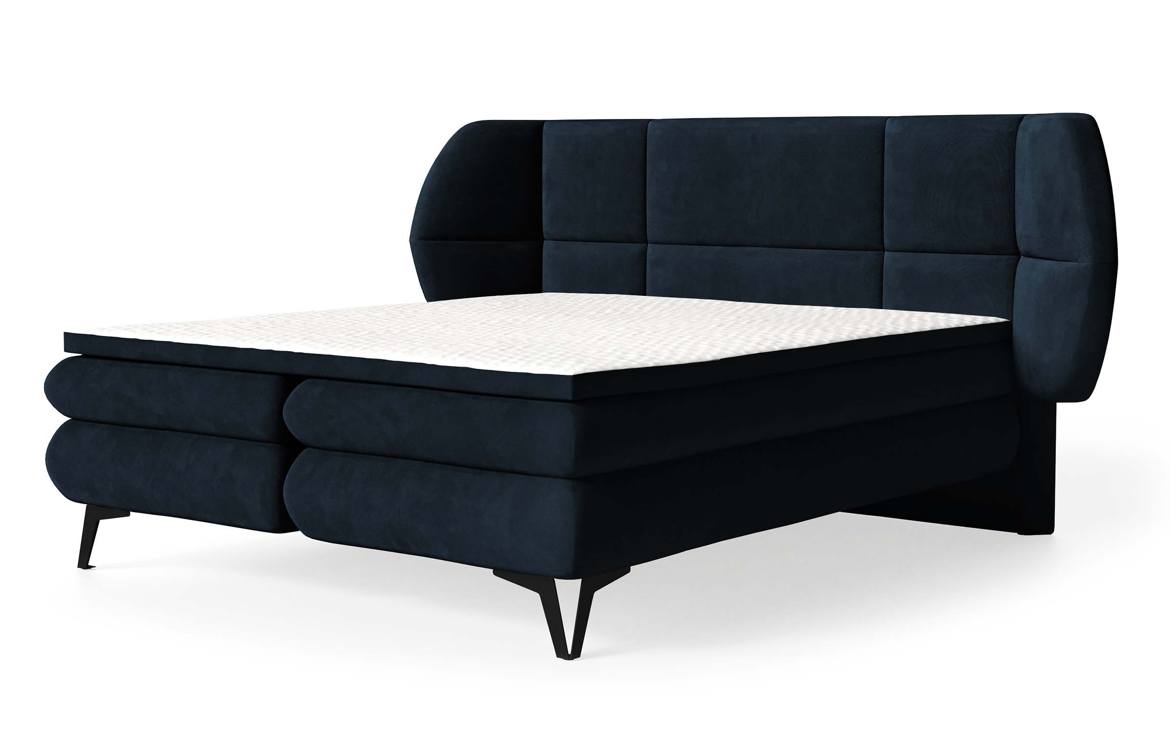 Łóżko kontynentalne 140x200 cm Cermone z pojemnikami i topperem panelowe przeszycia na wezgłowiu granatowe - zdjęcie 1