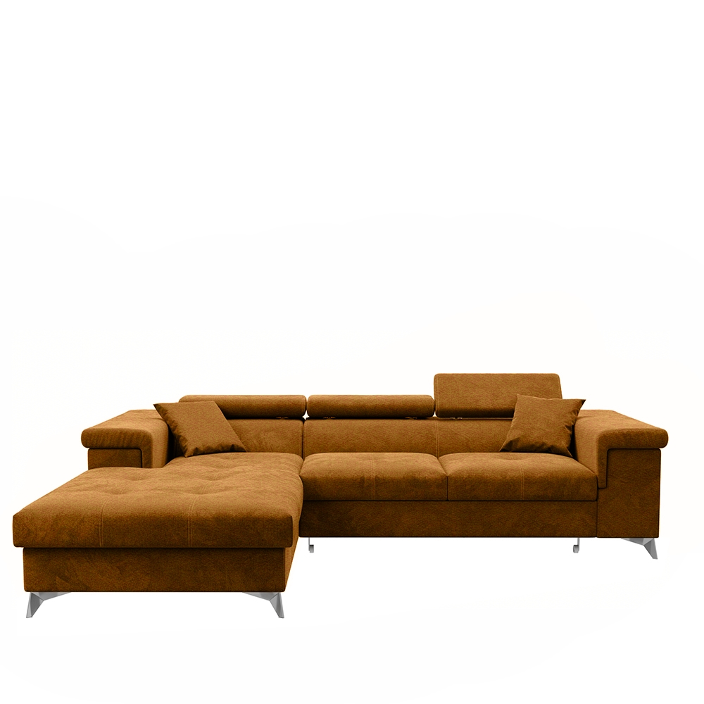 Narożnik z funkcją spania Mikkara L-kształtny z pojemnikiem musztardowy w tkaninie hydrofobowej lewostronny - zdjęcie 1