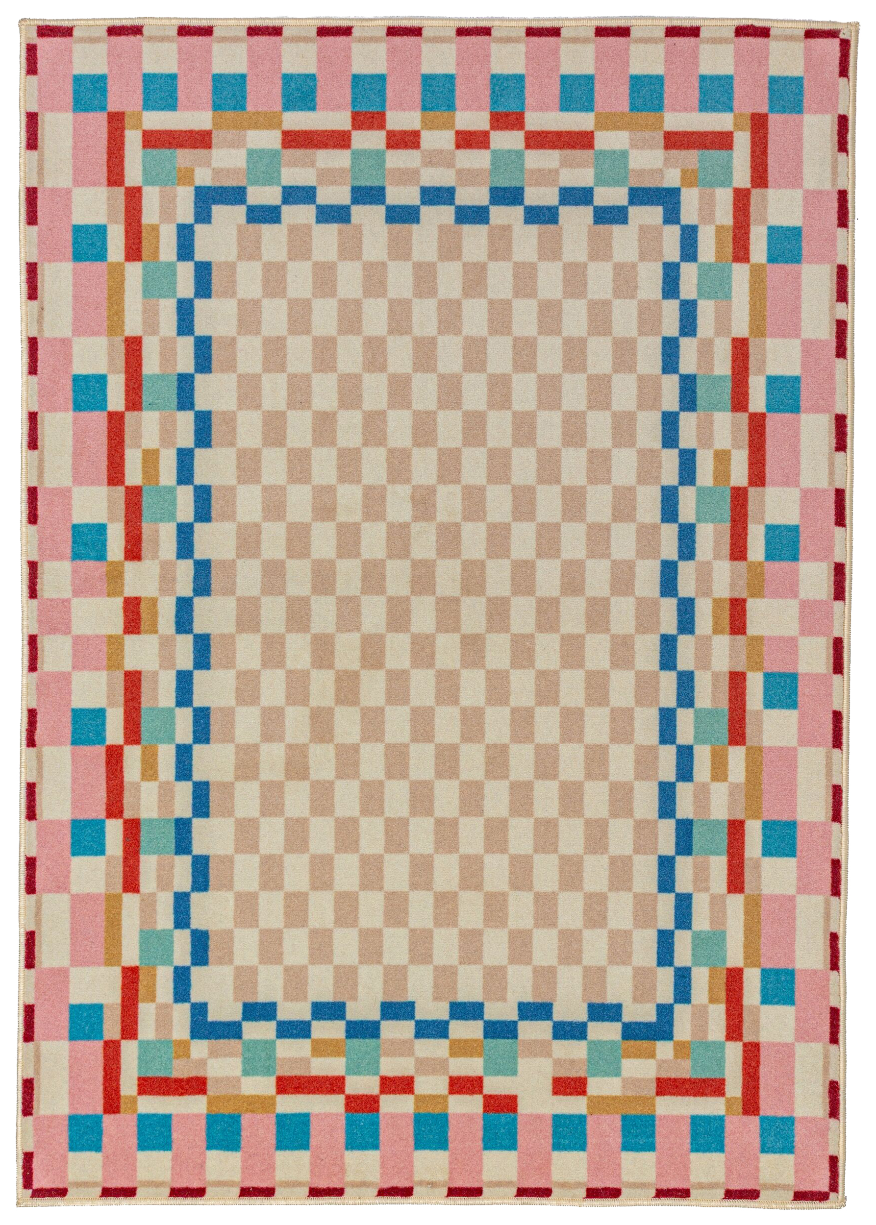 Dywan z wełną Checkered Border 140x200 cm wielokolorowy - zdjęcie 1