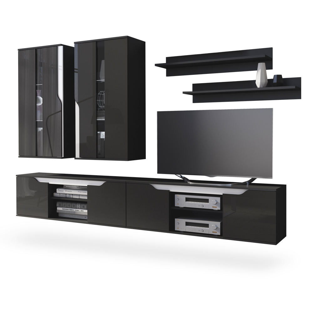 Meblościanka Promina z dwiema szafkami rtv Czarny mat / Czarny połysk / Biały połysk  - zdjęcie 1