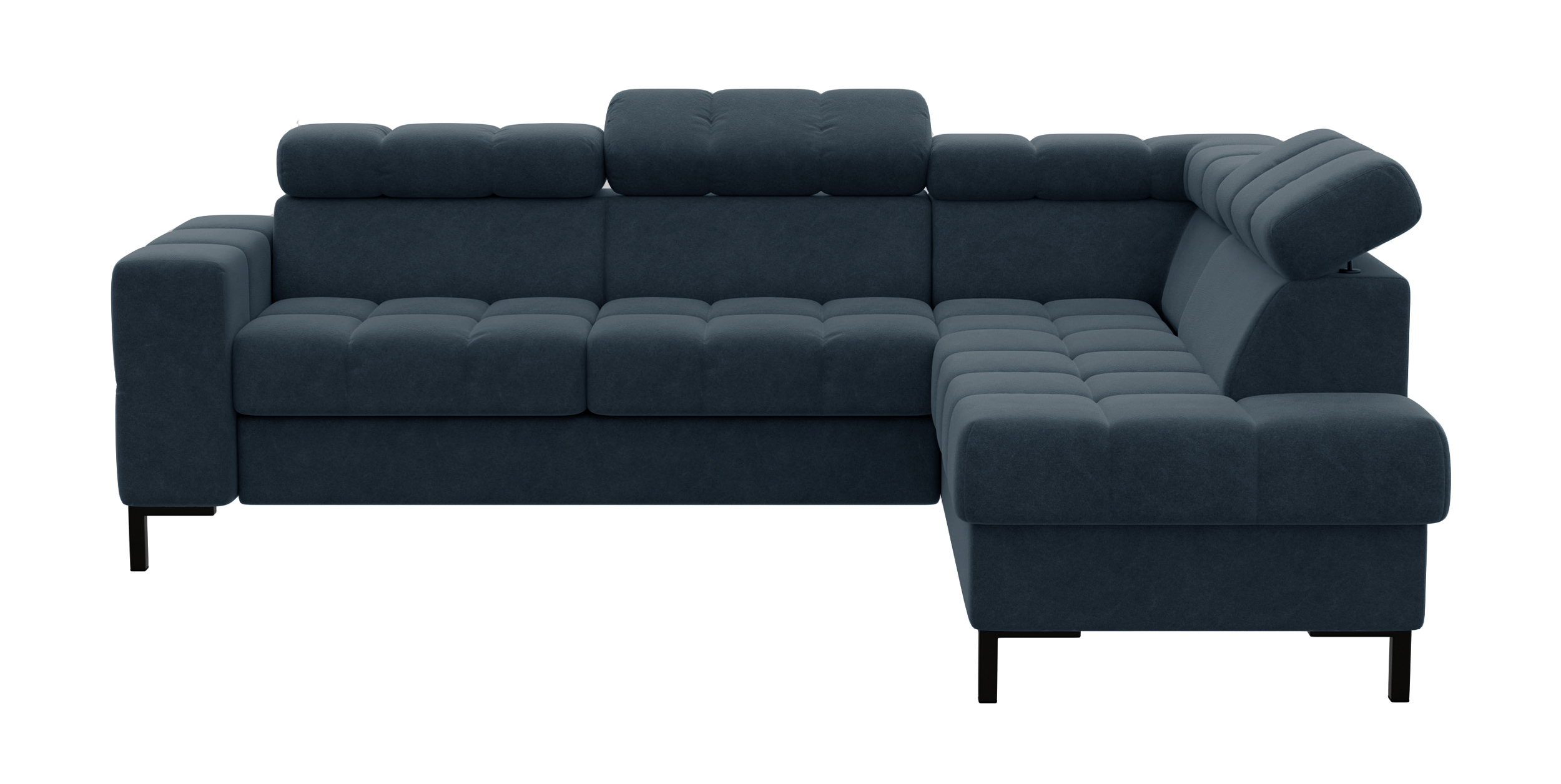 Narożnik z funkcją spania Talamanca L-kształtny z pojemnikiem i regulowanymi zagłówkami granatowy w tkaninie łatwoczyszczącej prawostronny - zdjęcie 1