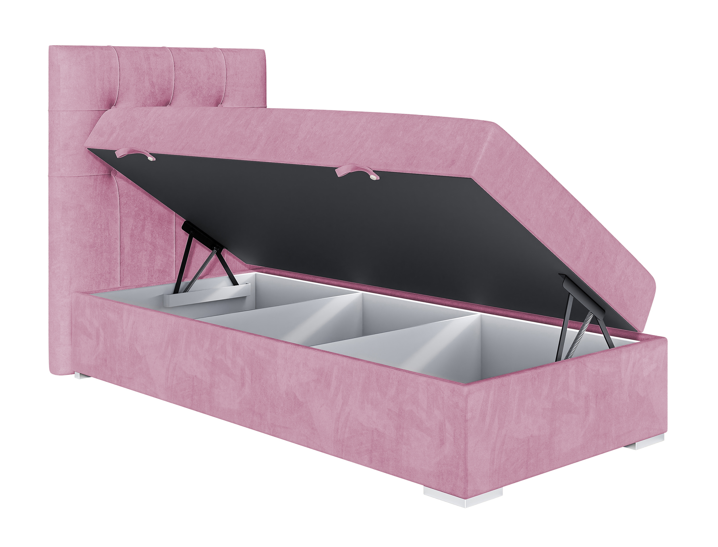 Łóżko kontynentalne 90x200 cm Tondela z pojemnikiem i topperem różowe welur hydrofobowy lewostronne