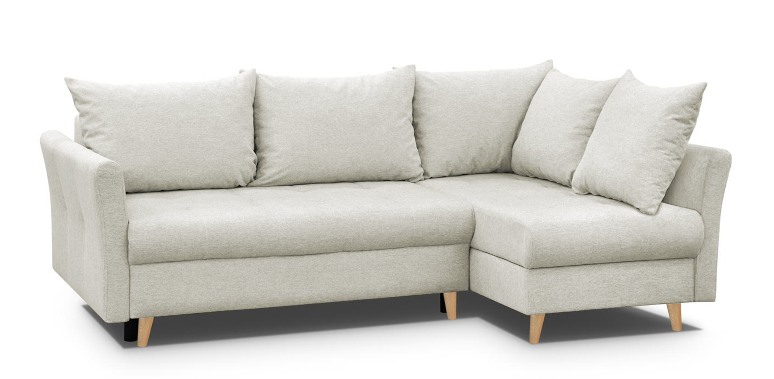 Narożnik z funkcją spania Lafre z pojemnikiem beżowy prawostronny w tkaninie hydrofobowej plecionka nogi buk - zdjęcie 1