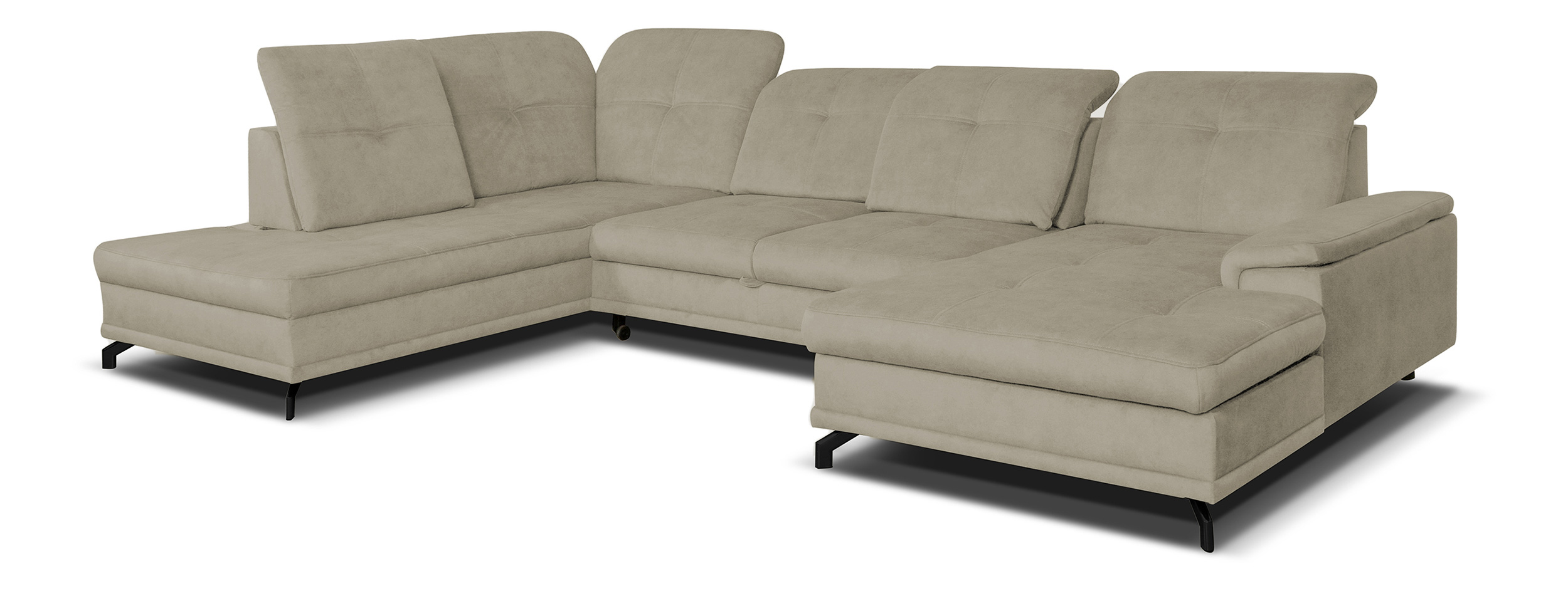 Narożnik z funkcją spania Berberati U-kształtny beżowy nogi czarne velvet hydrofobowy z pojemnikiem prawostronny - zdjęcie 1