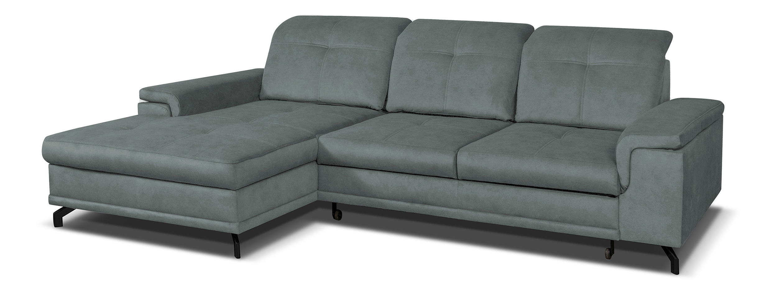 Narożnik z funkcją spania Berberati L-kształtny szary nogi czarne velvet hydrofobowy z pojemnikiem lewostronny