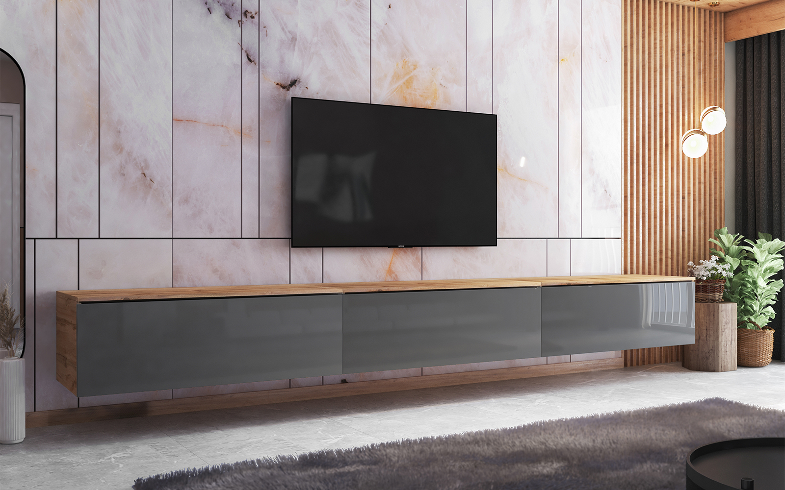 Szafka RTV Skylara 300 cm Dąb wotan / szary połysk - zdjęcie 1