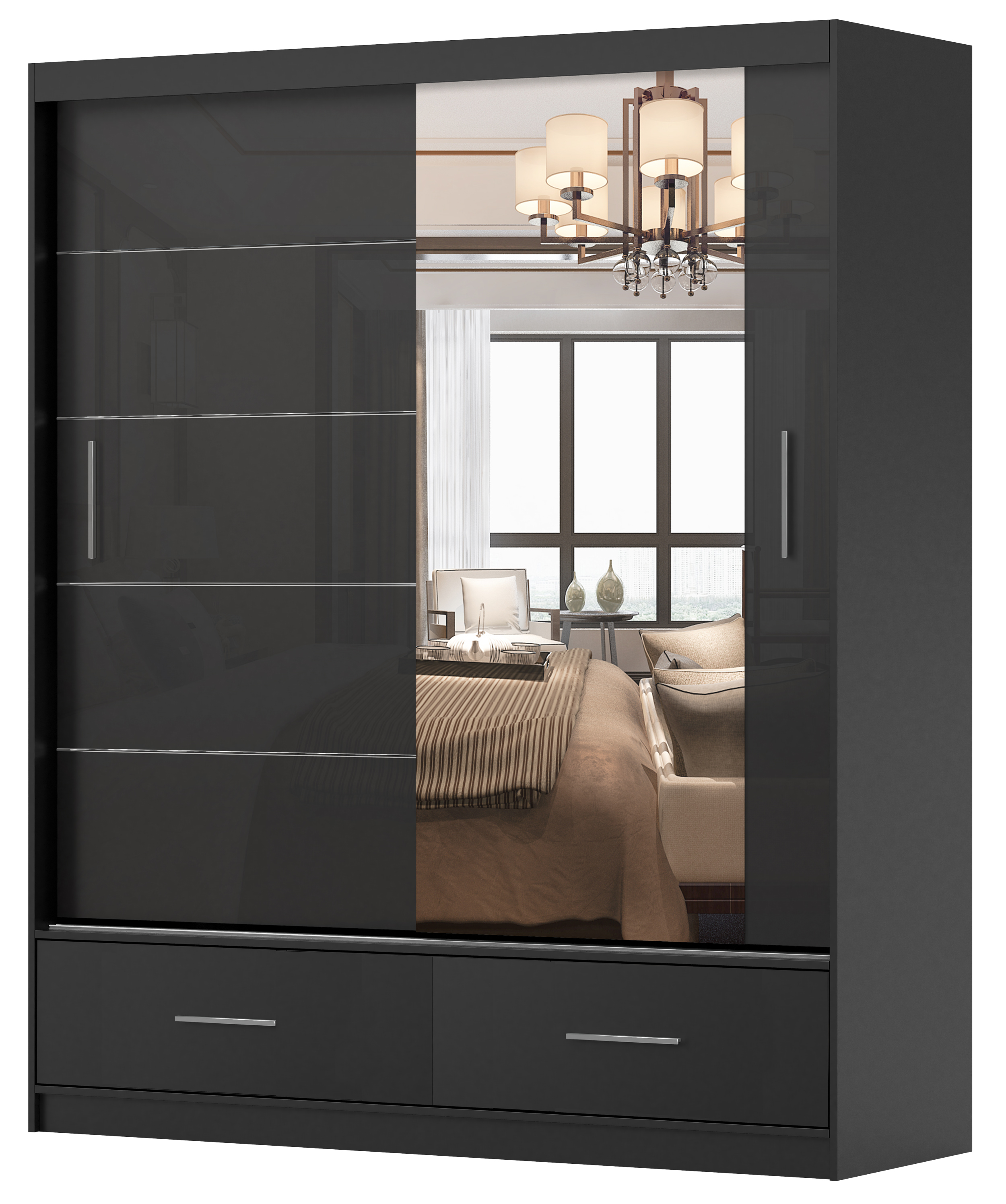 Szafa przesuwna Follrina 150 cm z lustrem czarna/czarny połysk - zdjęcie 1