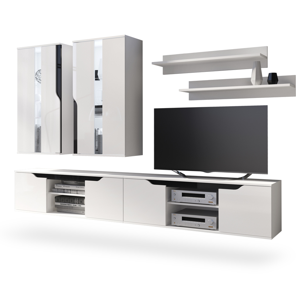 Meblościanka Promina z dwiema szafkami rtv Biały mat / Biały połysk / Czarny połysk  - zdjęcie 1