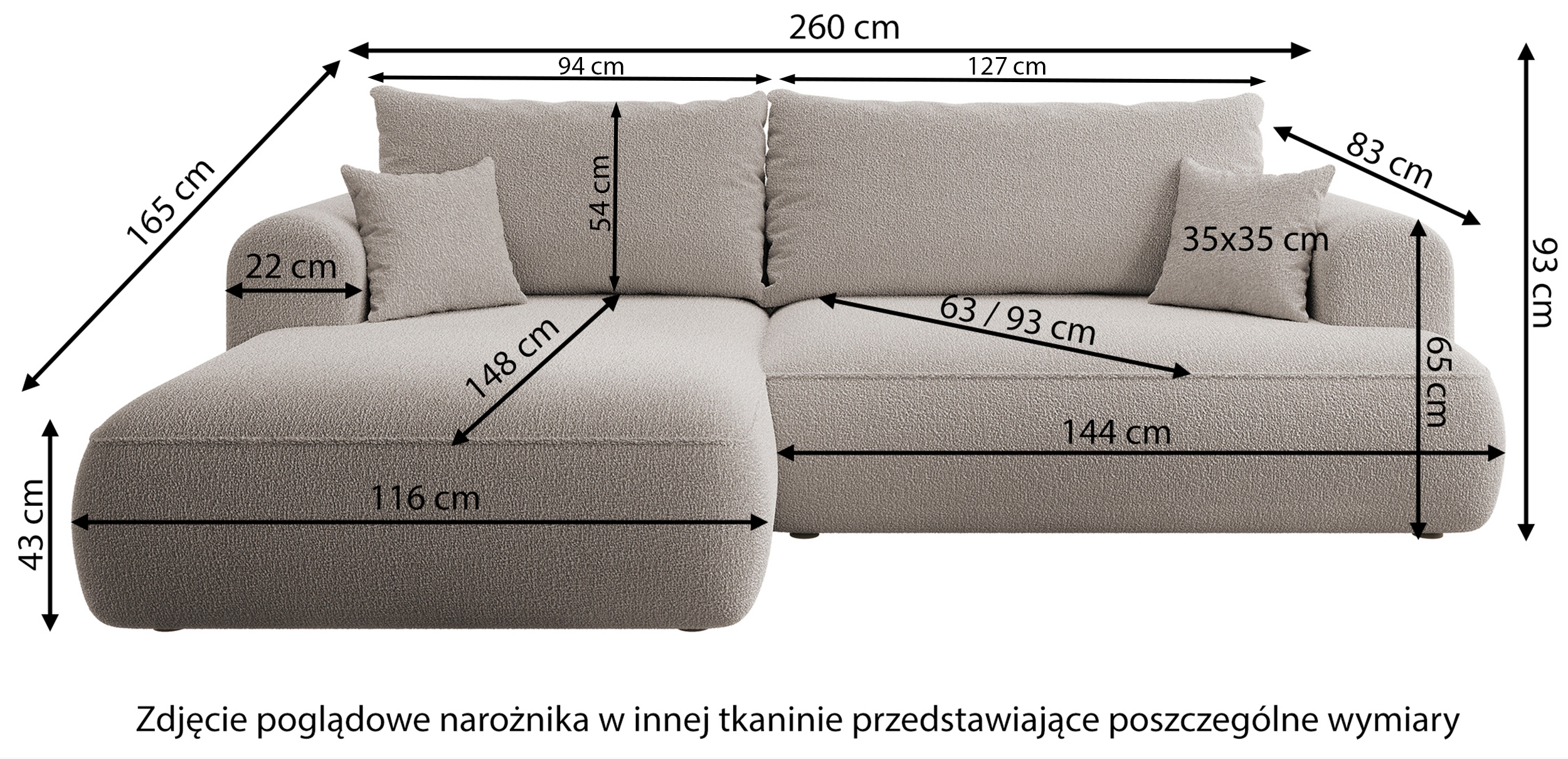 Narożnik z funkcją spania Ovo L-kształtny kremowy welur z pojemnikiem w tkaninie łatwoczyszczącej prawostronny