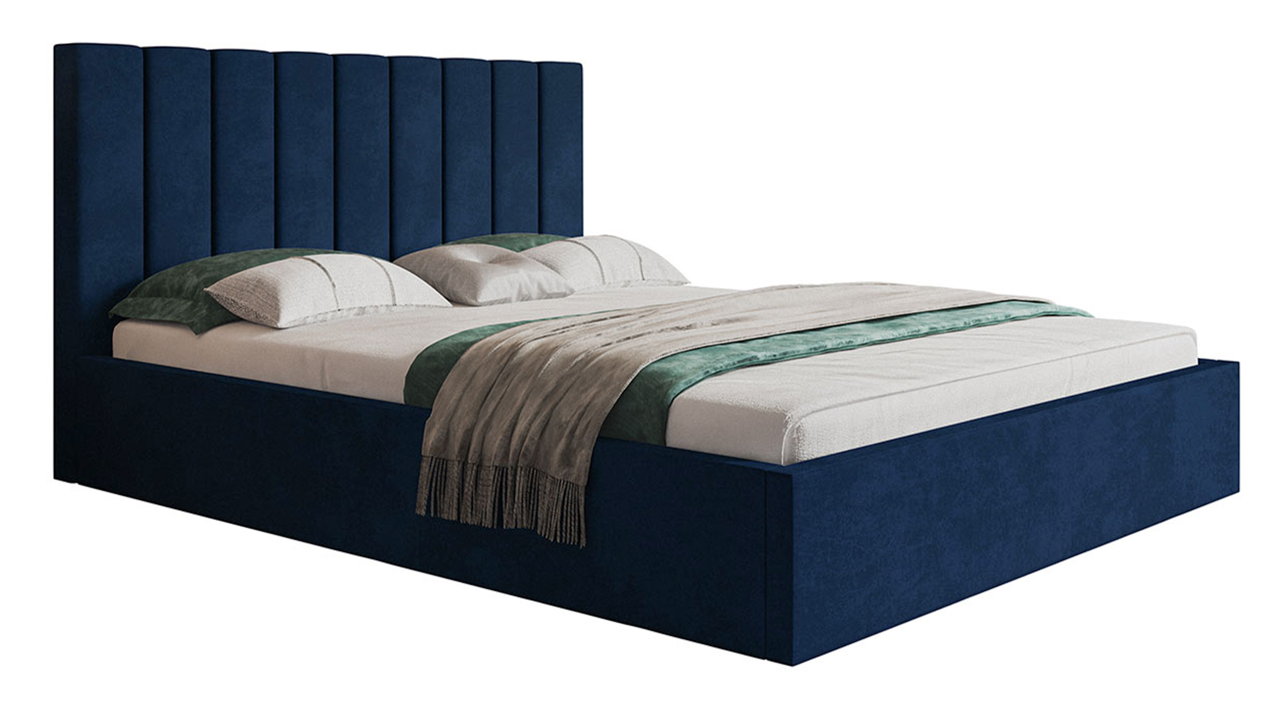 Łóżko tapicerowane 140x200 cm Bellaris z pojemnikiem i pionowymi panelami na wezgłowiu granatowe - zdjęcie 1