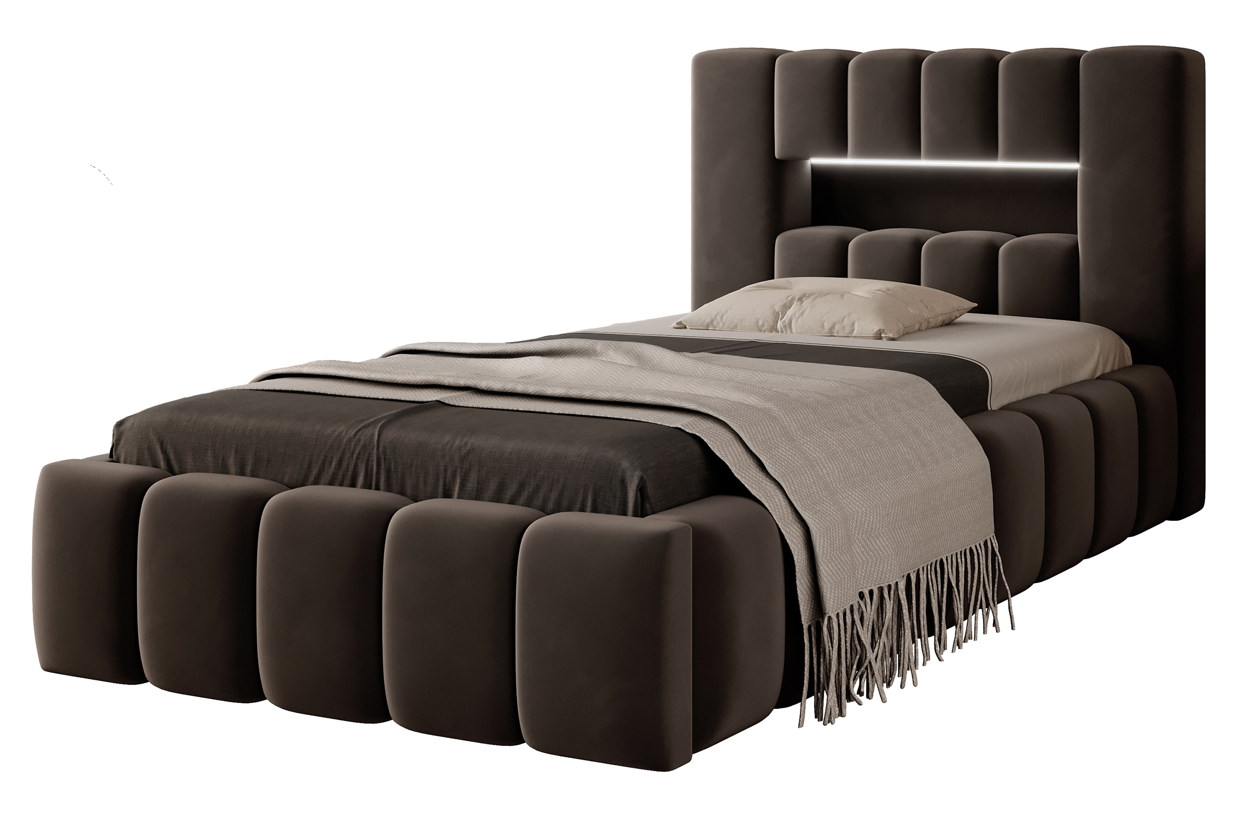 Łóżko tapicerowane 90x200 cm Rodeiro z pojemnikiem i oświetleniem ciemnobrązowe w tkaninie hydrofobowej - zdjęcie 1