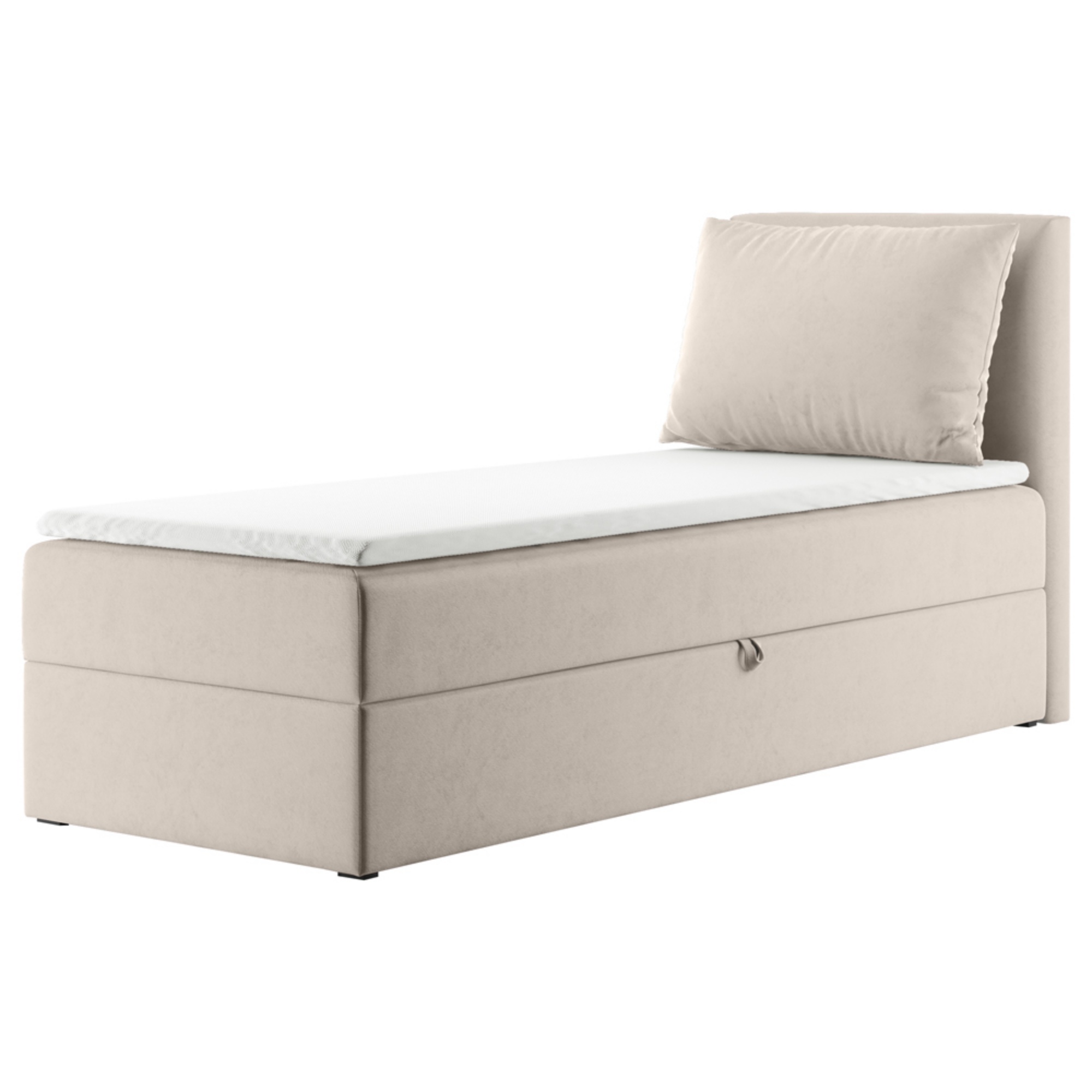 Łóżko kontynentalne 100x200 cm Fayence z pojemnikiem i topperem jednoosobowe beżowe prawostronne - zdjęcie 1