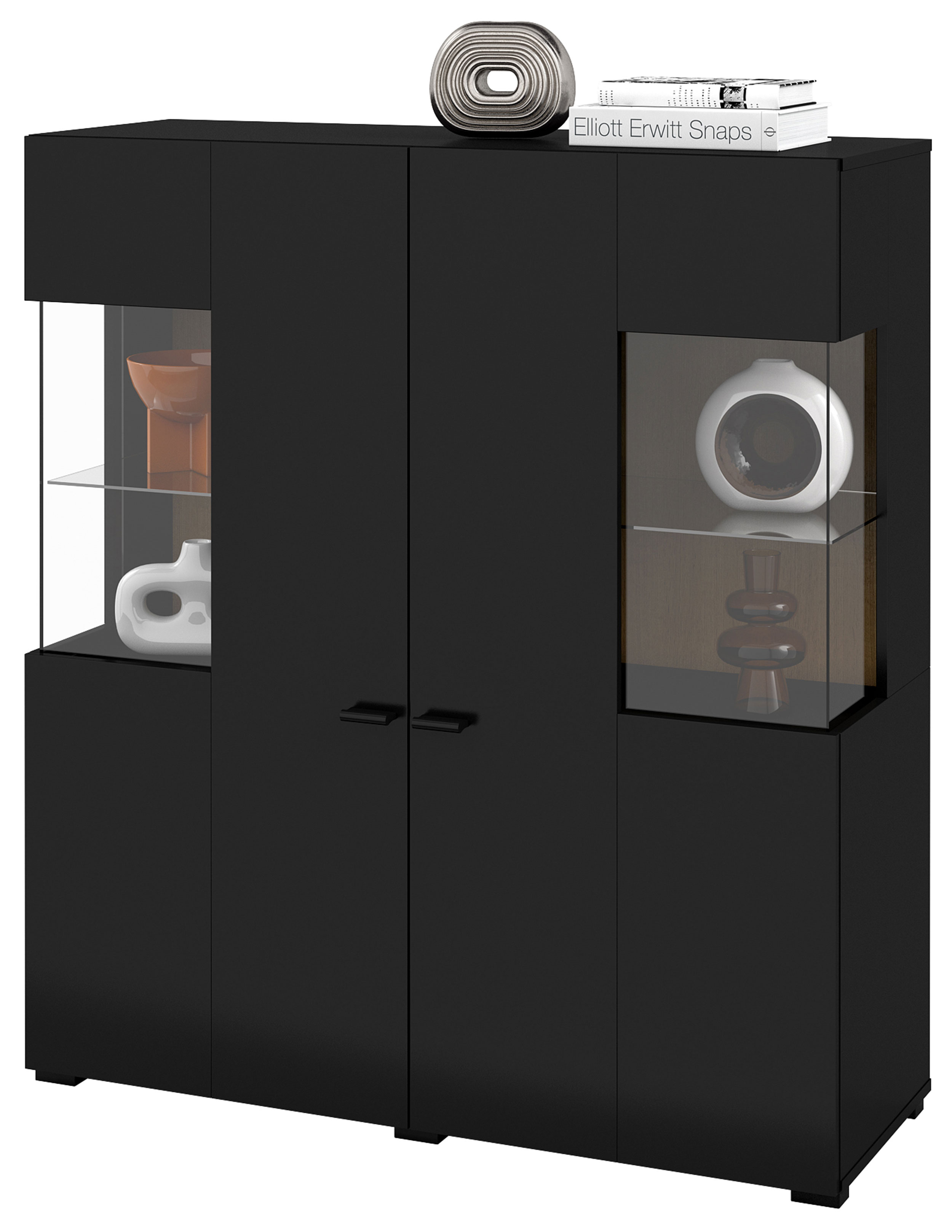 Komoda dwudrzwiowa Hartar 110 cm wysoka z witryną czarny onyks/dąb wotan - zdjęcie 1