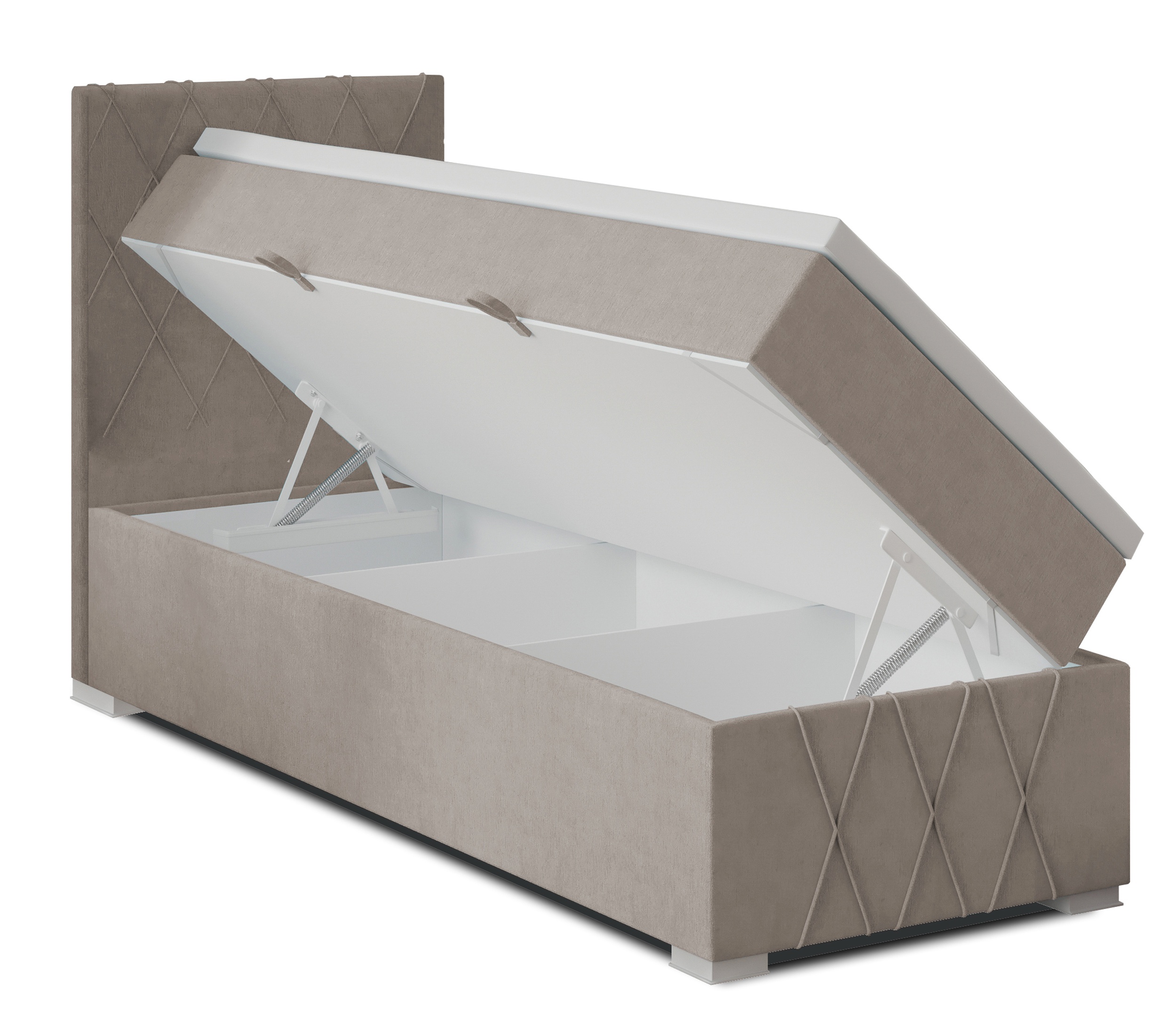 Łóżko kontynentalne 90x200 cm Segarati z pojemnikiem i topperem beżowe welur hydrofobowy lewostronne - zdjęcie 1