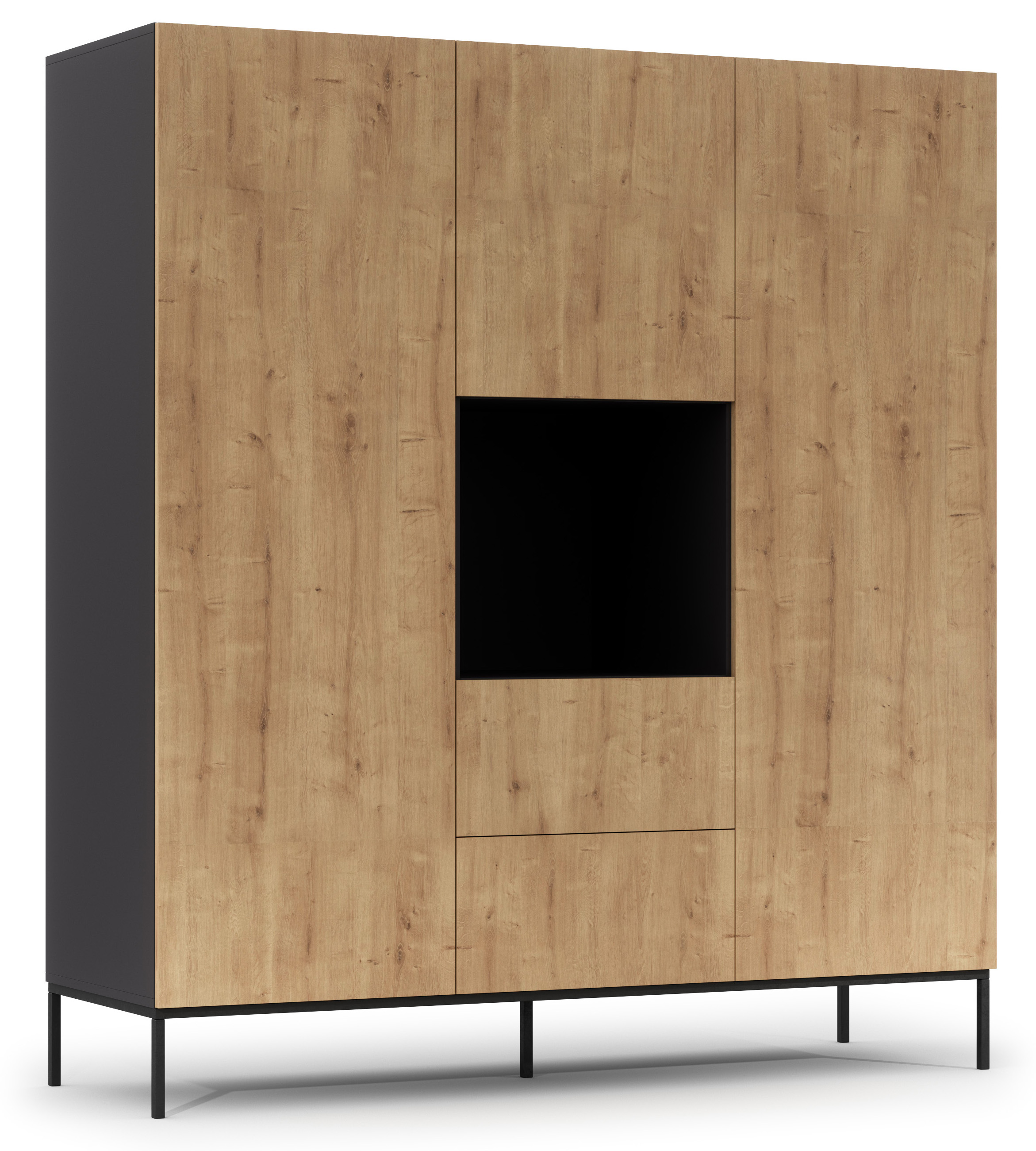 Szafa trzydrzwiowa Jammad 135 cm z dwiema szufladami czarna / dąb artisan - zdjęcie 1