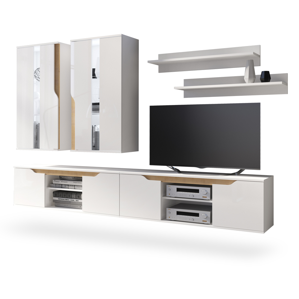 Meblościanka Promina z dwiema szafkami rtv Biały mat / Biały połysk / Dąb złoty  - zdjęcie 1