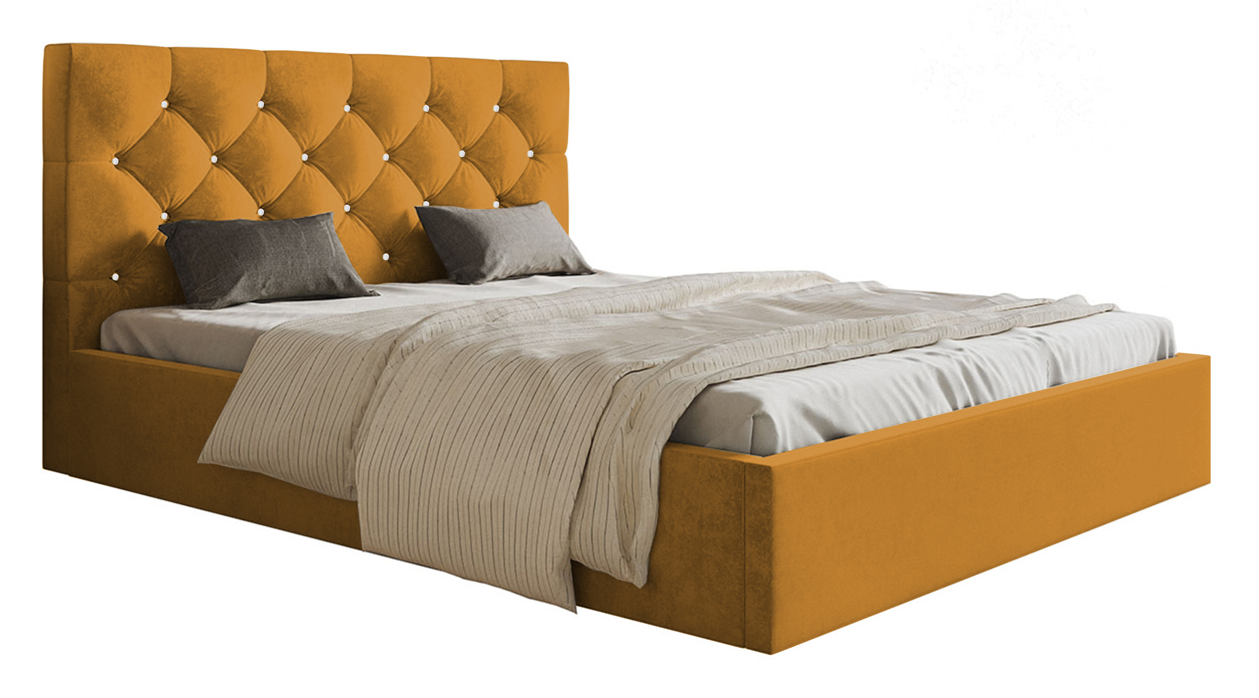 Łóżko tapicerowane 160x200 cm Bellaris z pojemnikiem i pikowaniem kryształkami musztardowe - zdjęcie 1