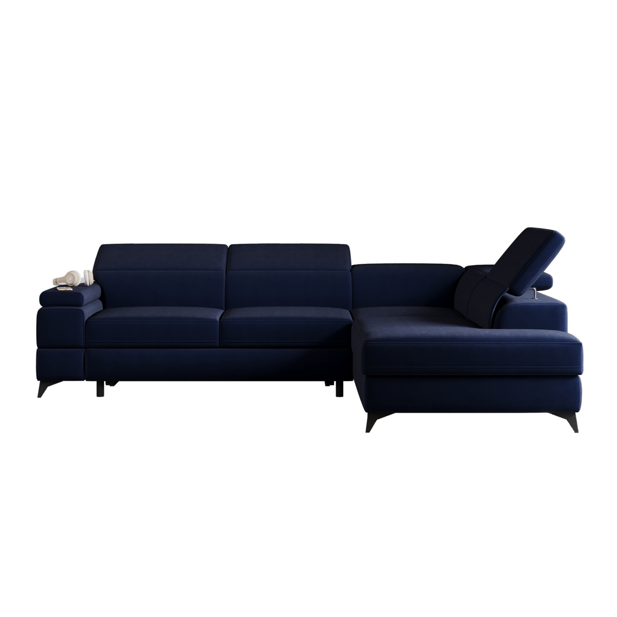 Narożnik rozkładany Fossanova L-kształtny z pojemnikiem prawostronny granatowy welur hydrofobowy