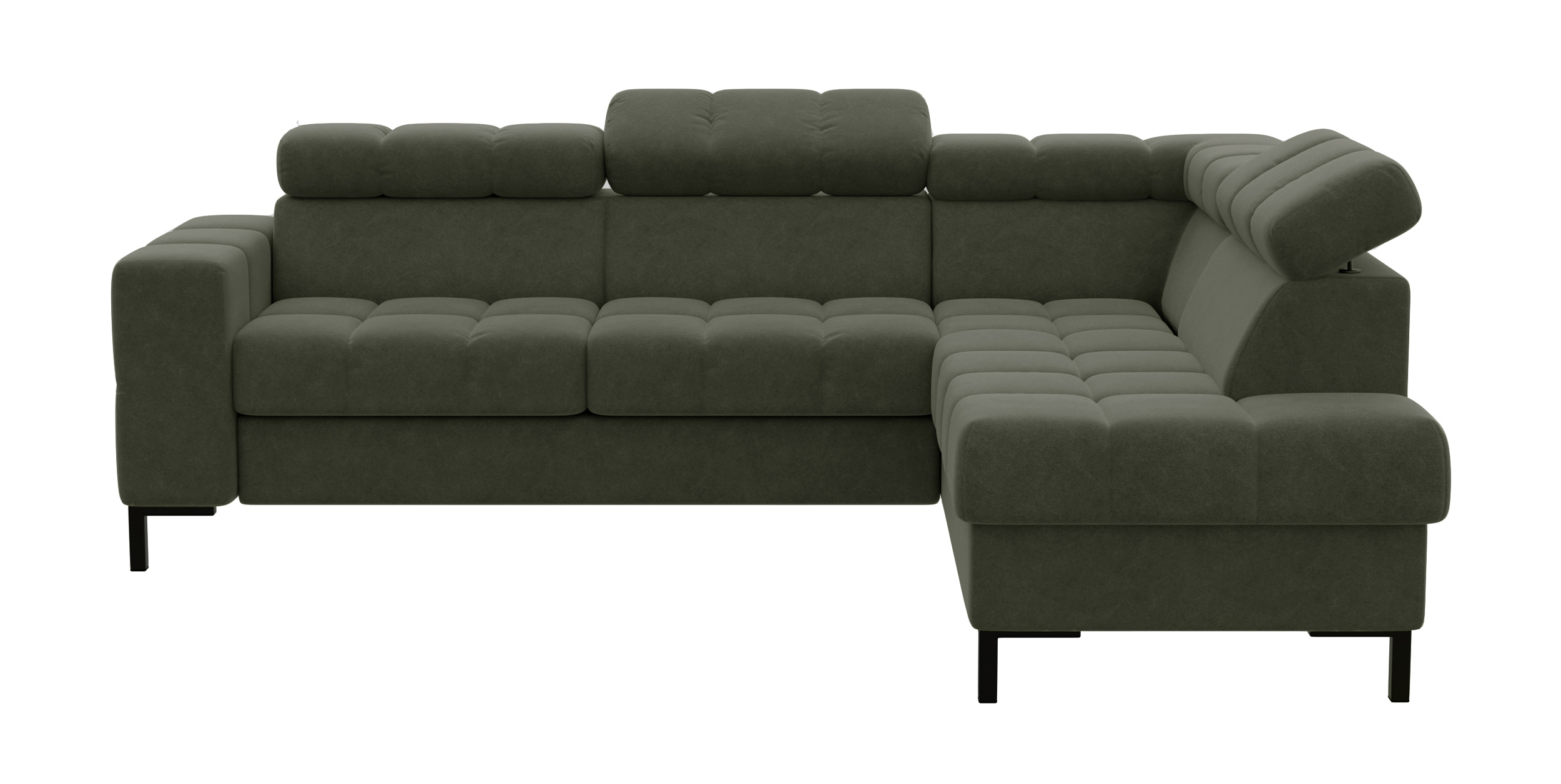 Narożnik z funkcją spania Talamanca L-kształtny z pojemnikiem i regulowanymi zagłówkami oliwkowy w tkaninie łatwoczyszczącej prawostronny - zdjęcie 1