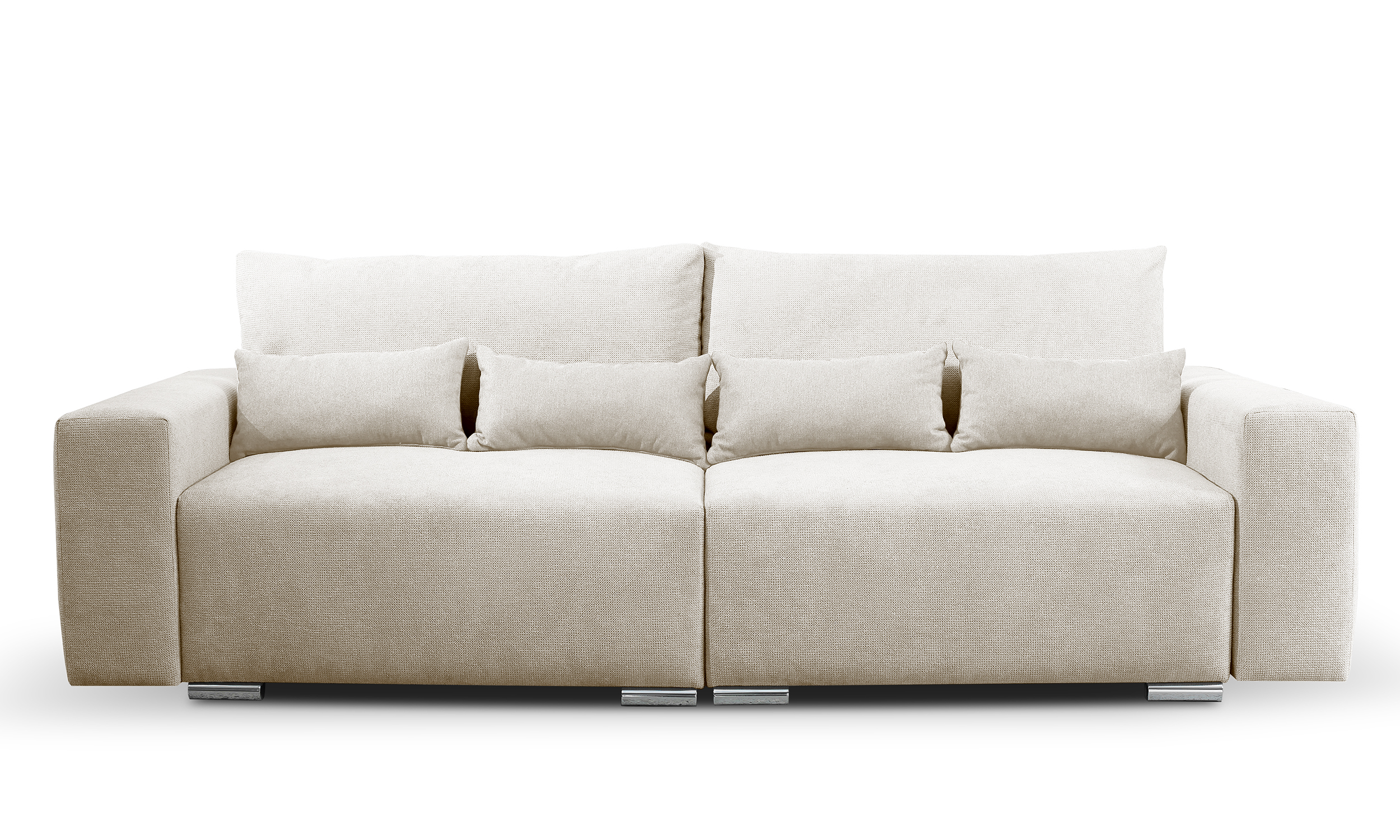 Kanapa rozkładana trzyosobowa Dekira beżowa z pojemnikiem w tkaninie hydrofobowej plecionka nogi srebrne - zdjęcie 1