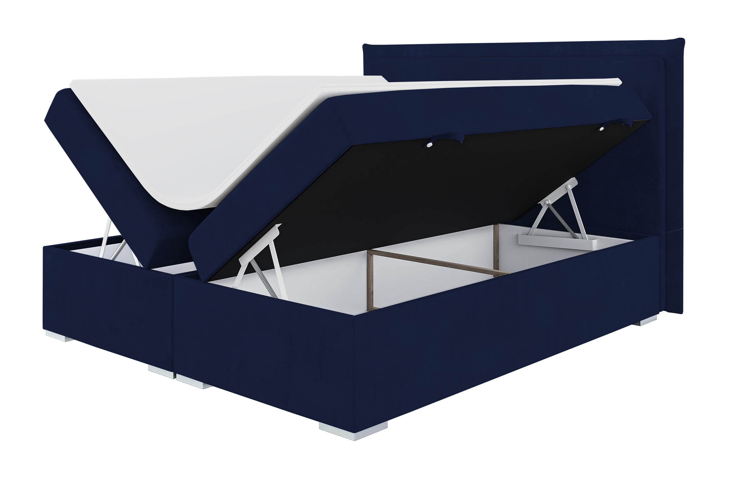 Łóżko kontynentalne 140x200 cm Nurdicer z pojemnikami i topperem granatowe welur hydrofobowy - zdjęcie 1