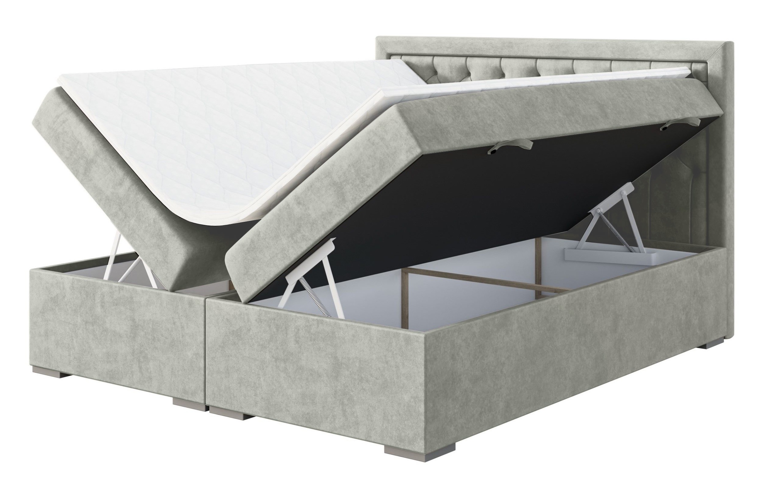Łóżko kontynentalne 160x200 cm Periana z pojemnikami i topperem jasnoszare welur hydrofobowy - zdjęcie 1