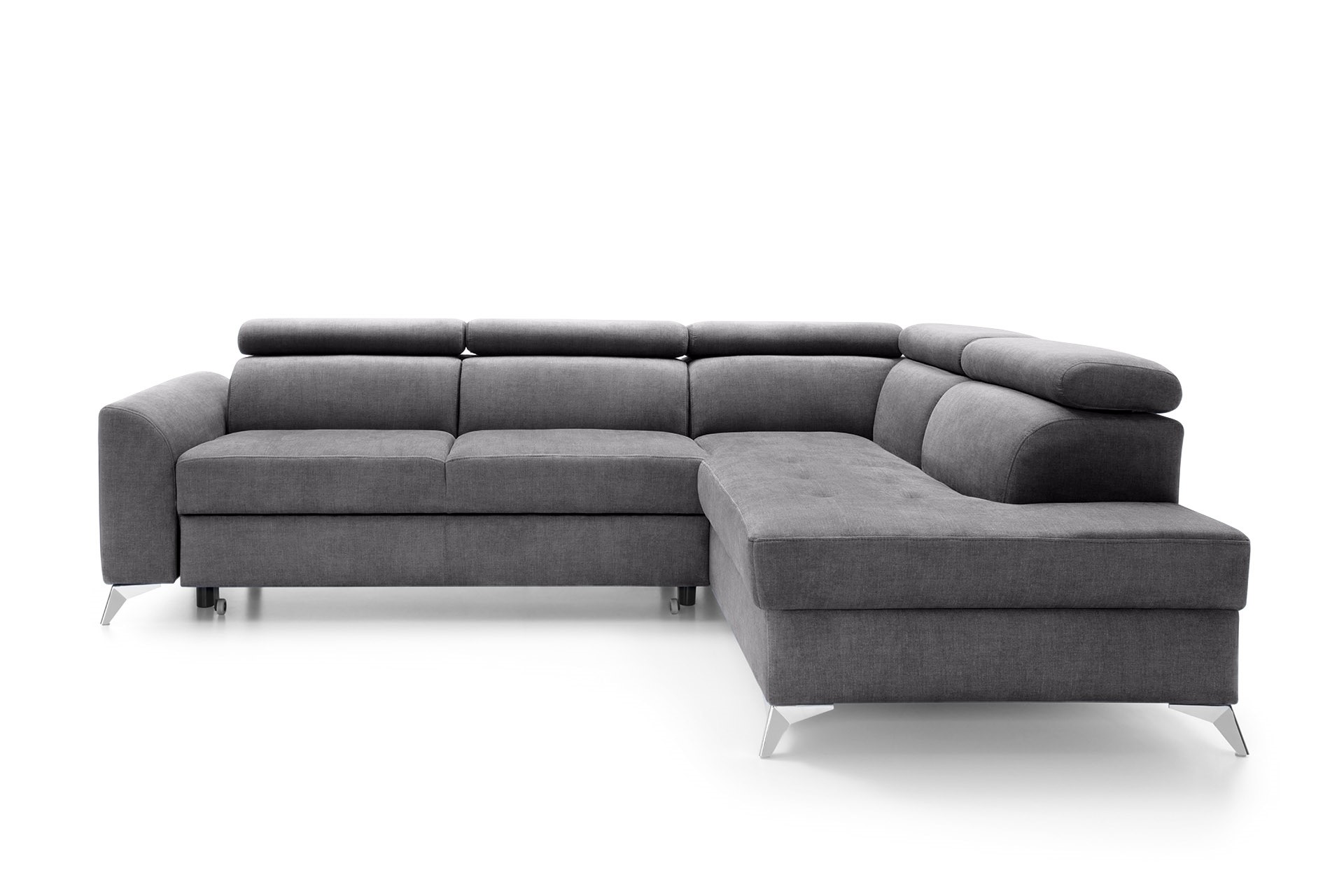 Narożnik z funkcją spania Beress L-kształtny z regulowanymi zagłówkami i pojemnikiem szary welwet łatwoczyszczący prawostronny