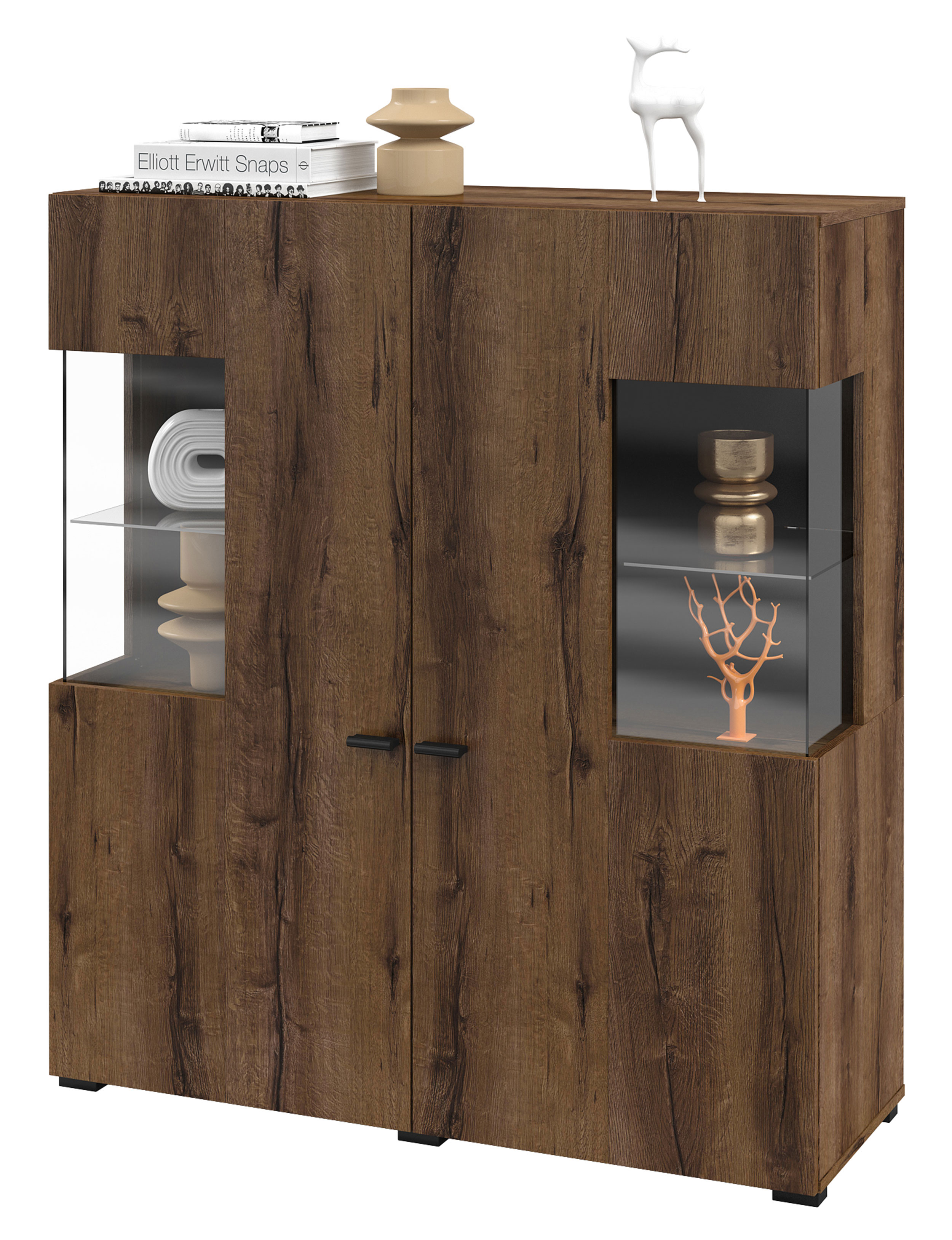 Komoda dwudrzwiowa Hartar 110 cm wysoka z witryną dąb monastery/czarny onyks - zdjęcie 1