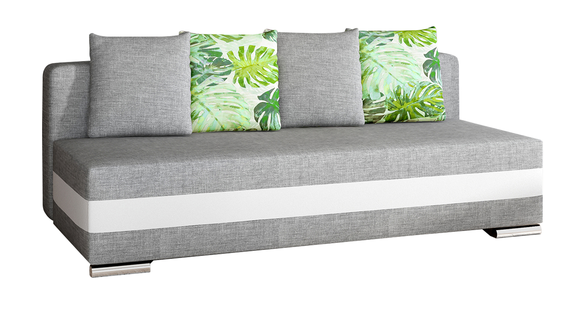 Kanapa rozkładana dwuosobowa Louredo z pojemnikiem jasnoszara / kremowa plecionka / ekoskóra z poduszkami w monstery - zdjęcie 1