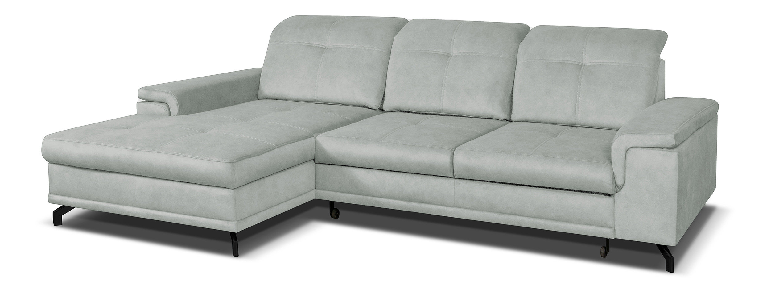 Narożnik z funkcją spania Berberati L-kształtny jasno szary nogi czarne velvet hydrofobowy z pojemnikiem lewostronny