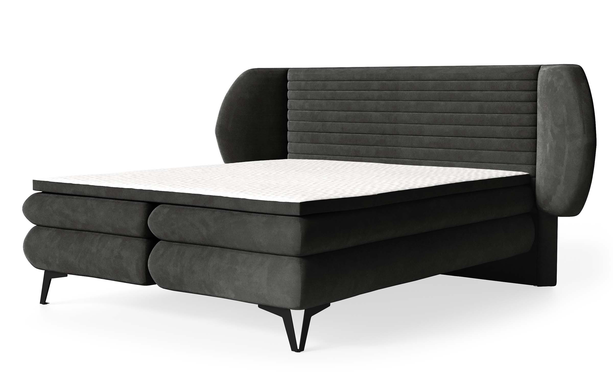 Łóżko kontynentalne 160x200 cm Cermone z pojemnikami i topperem poziome przeszycia na wezgłowiu ciemnoszare