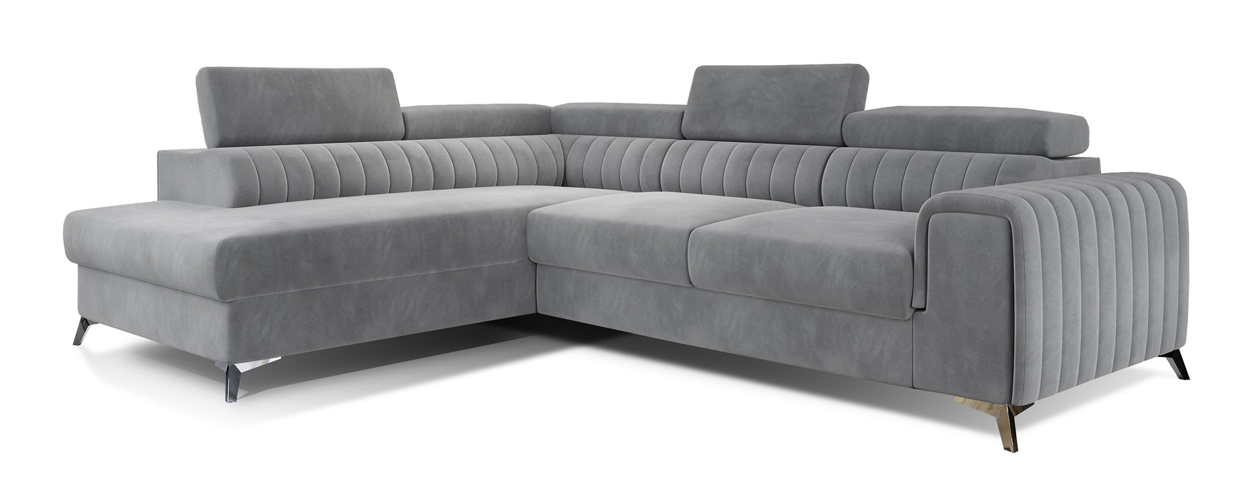 Narożnik z funkcją spania Negreiros L-kształtny z pojemnikiem i regulowanymi zagłówkami szary welur hydrobofobowy lewostronny - zdjęcie 1