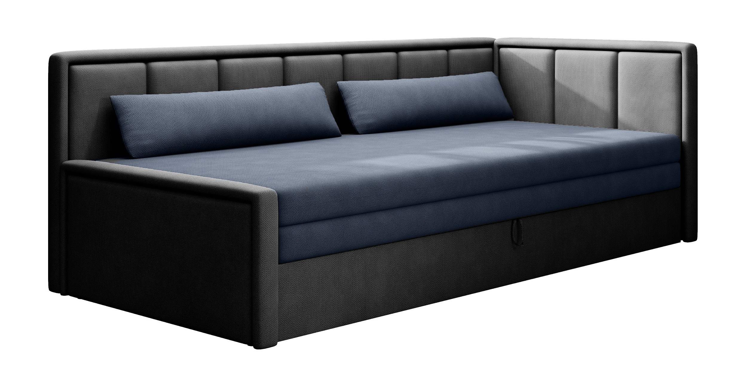 Łóżko młodzieżowe Caprili z pojemnikiem granatowe/szare prawostronne - zdjęcie 1