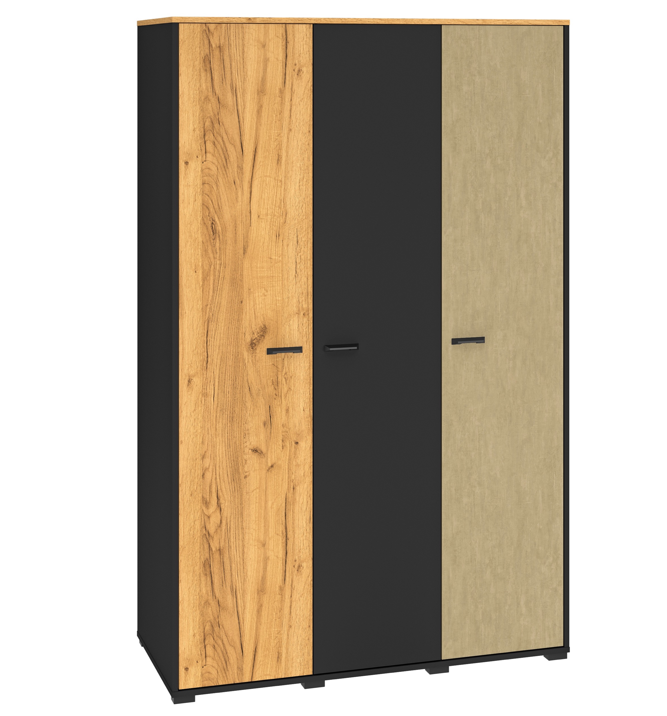 Jugendkleiderschrank Colt mit drei Türen, Kleiderstangen und Regalen, 120 cm, Eiche Craft/Schwarz/Stahl - zdjęcie 1