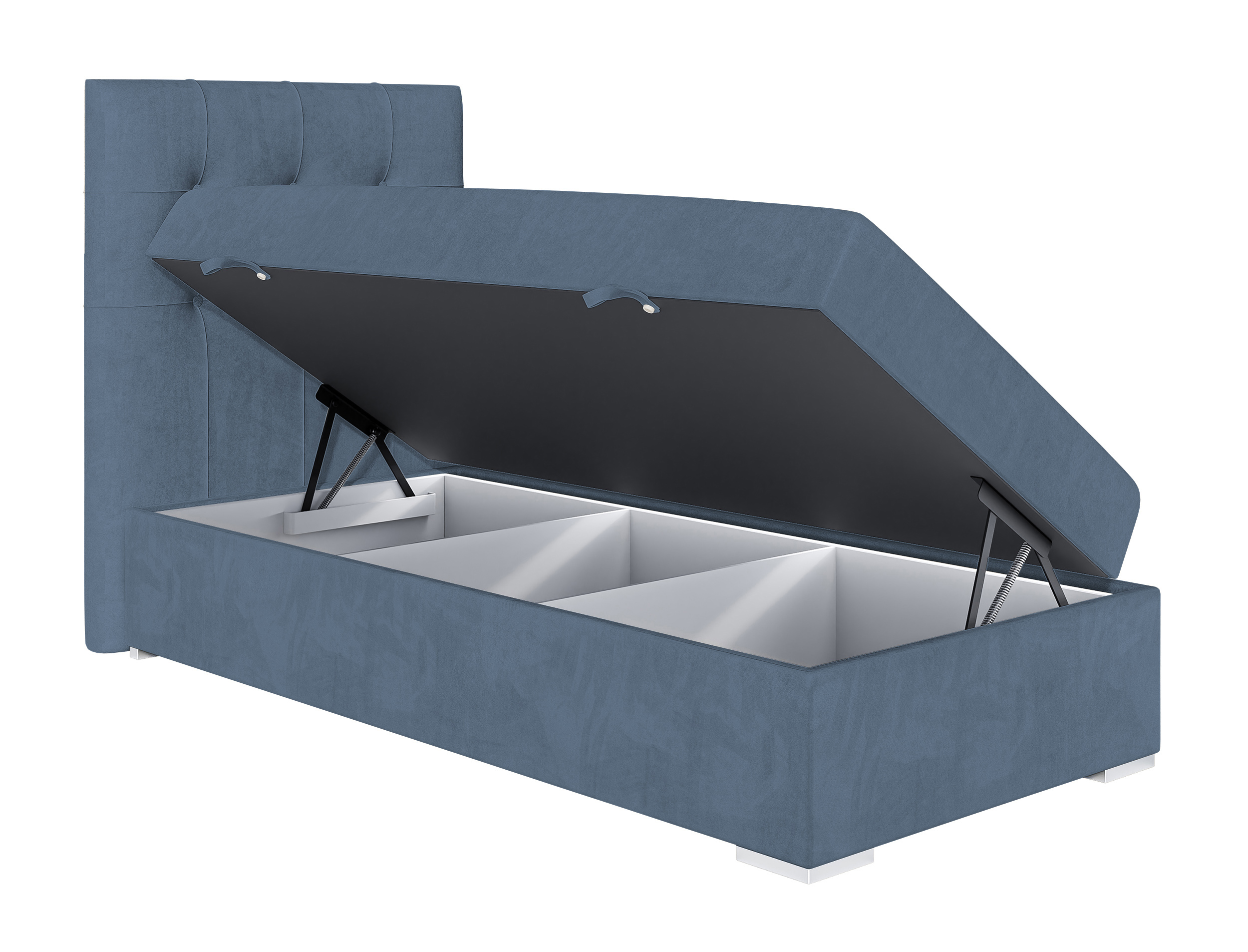 Łóżko kontynentalne 90x200 cm Tondela z pojemnikiem i topperem niebieskie welur hydrofobowy lewostronne