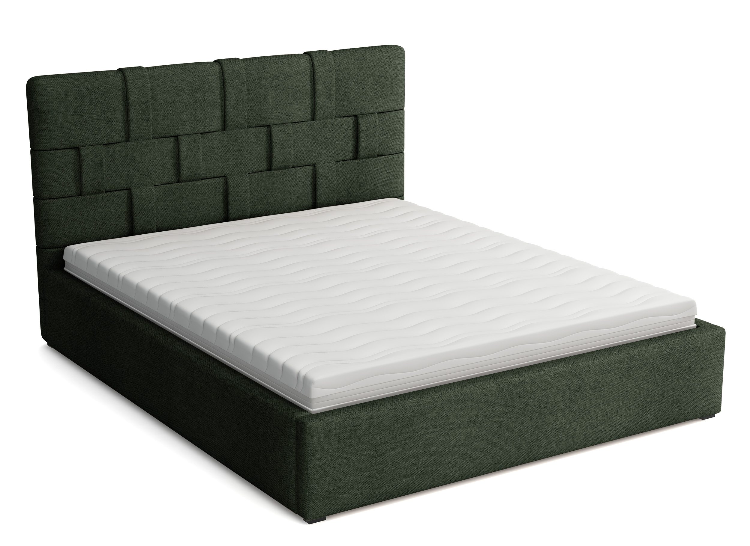 Łóżko tapicerowane 200x200 cm Zalino z pojemnikiem stelaż metalowy ciemnozielone plecionka - zdjęcie 1