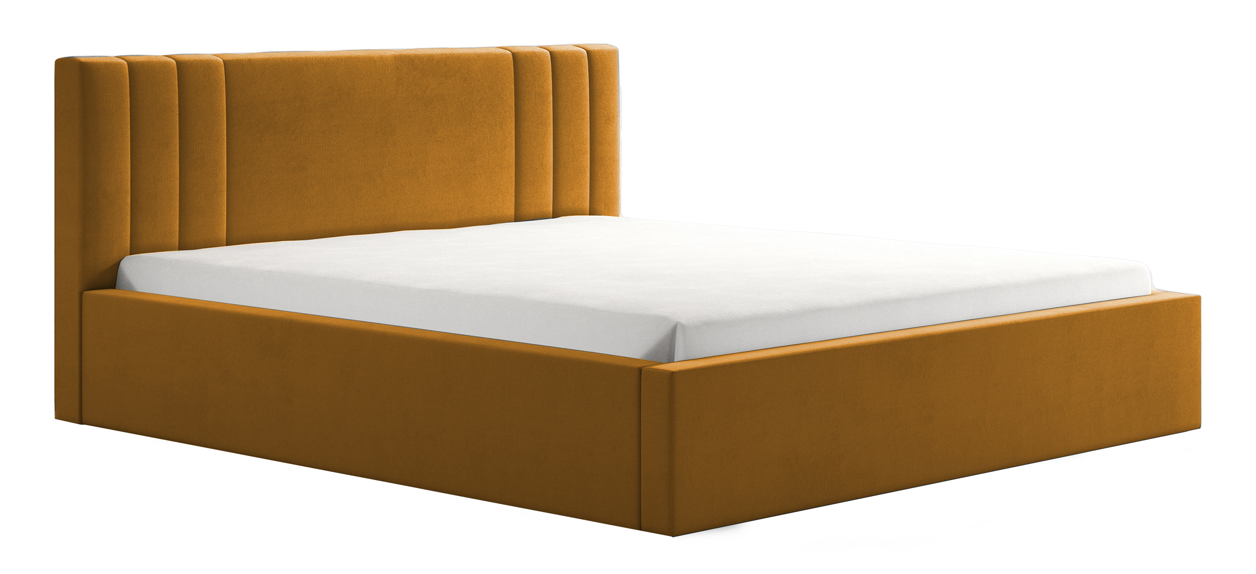 Łóżko tapicerowane 160x200 cm Lentella z pojemnikiem stelaż metalowy musztardowe - zdjęcie 1