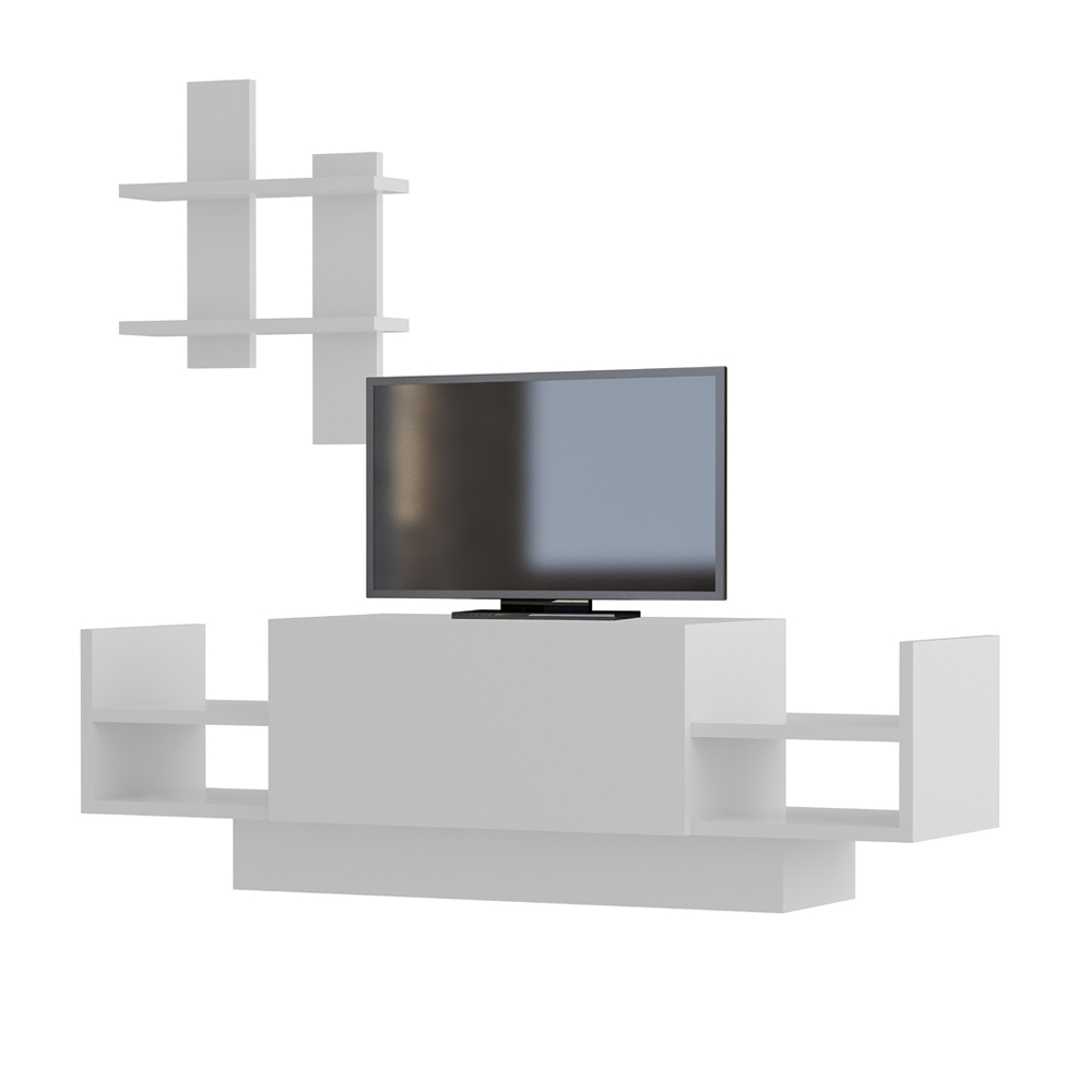 Szafka RTV Stevie biała z półką ścienną - zdjęcie 1